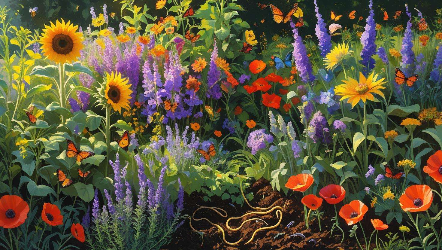 Eco-friendly garden with healthy plants, blooming flowers, and biodiversity, symbolizing the environmental benefits of using Fertiliser