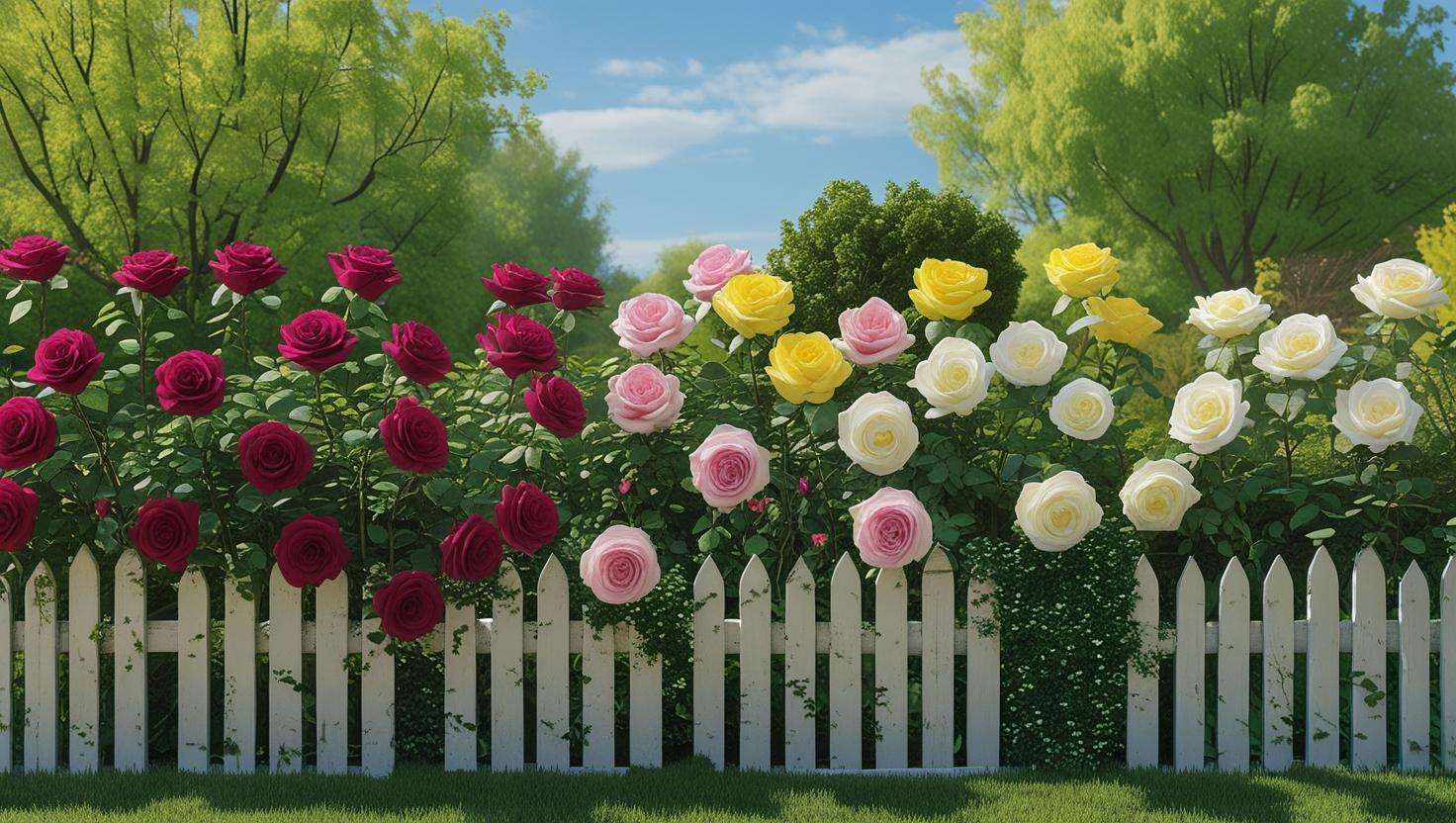 Vibrant rose border in full bloom, neatly planted along a garden edge, creating a colorful and inviting garden hedge