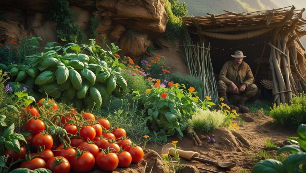 Lush survival garden with vegetables and herbs in a rugged, hunter world with a hunter in the background holding a bow