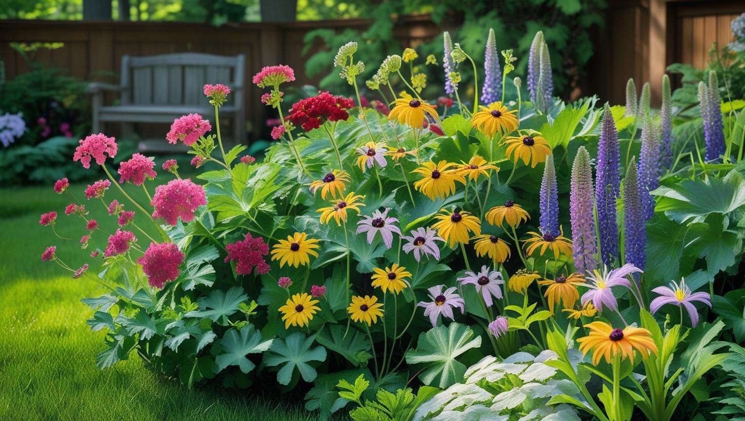 Lush garden with Michigan-native wildflowers like wild geraniums, black-eyed Susans, and trillium, creating a vibrant and eco-friendly garden space.