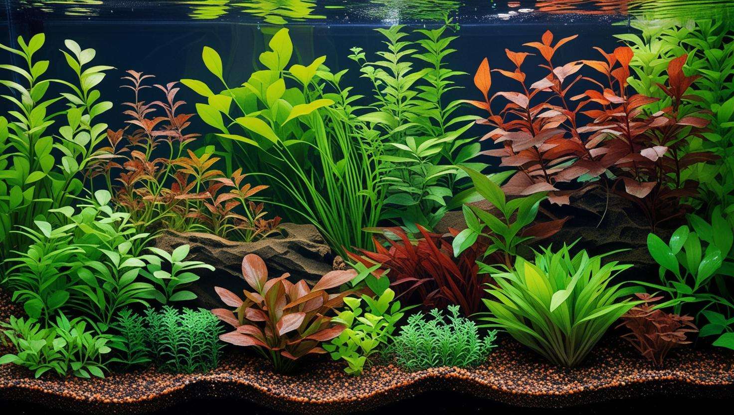 A beautiful, flourishing aquatic garden with plants at various growth stages, showcasing how the right gravel leads to a thriving environment. The image should show a variety of plants in a visually stunning aquarium.