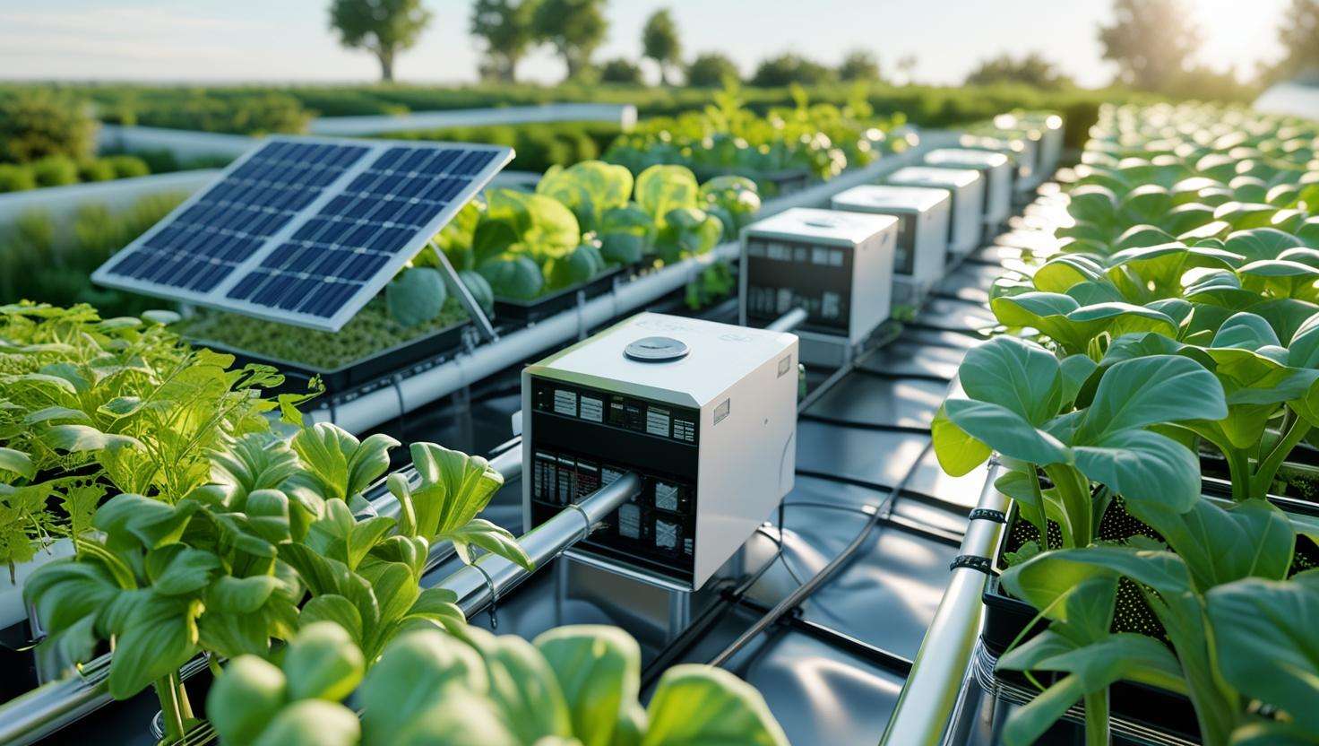  A setup with solar panels, a backup power supply, and vertical grow towers to enhance an aquaponics system.