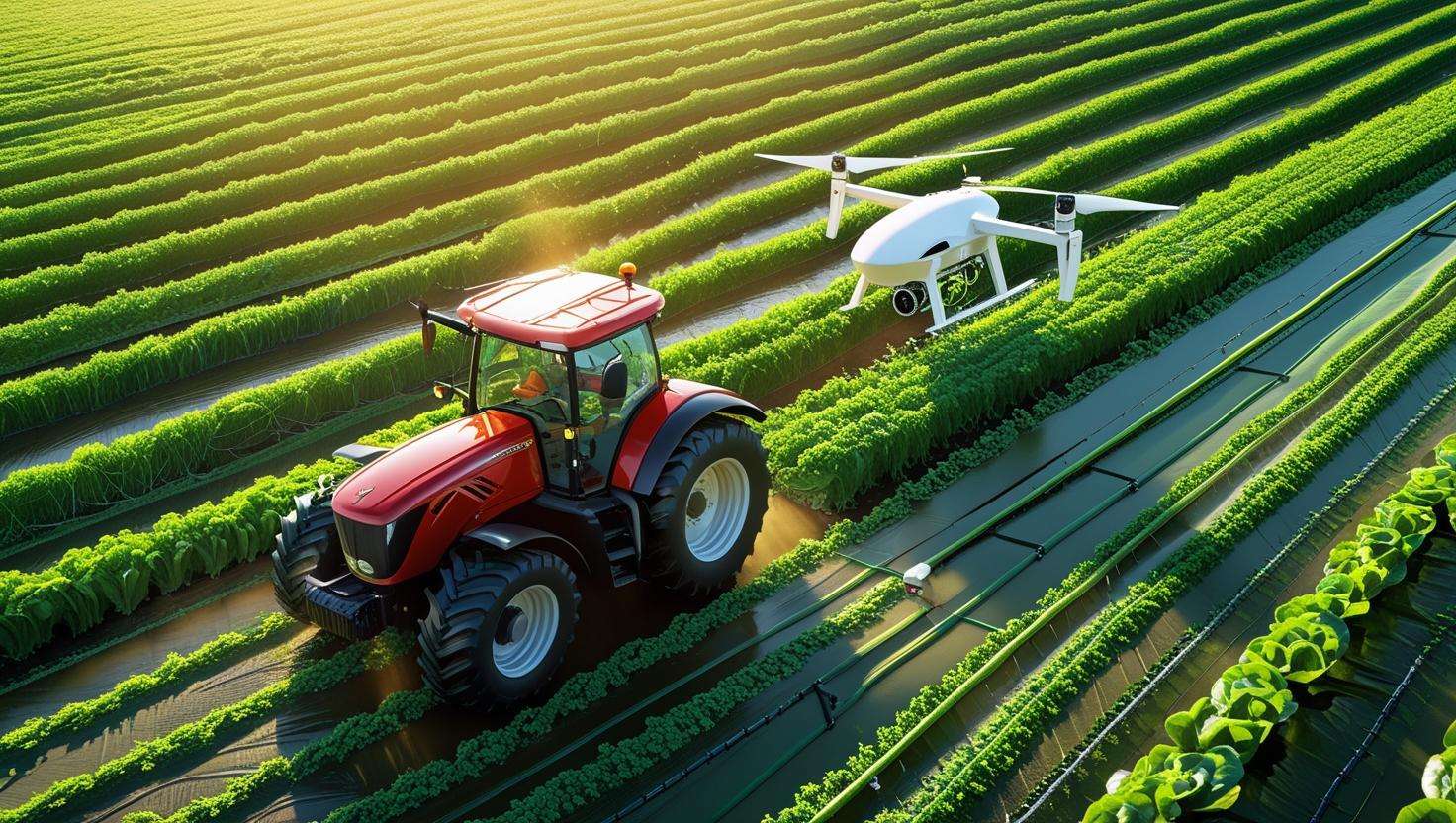  A high-tech farm with modern equipment such as drones, GPS-guided tractors, and smart irrigation systems working together