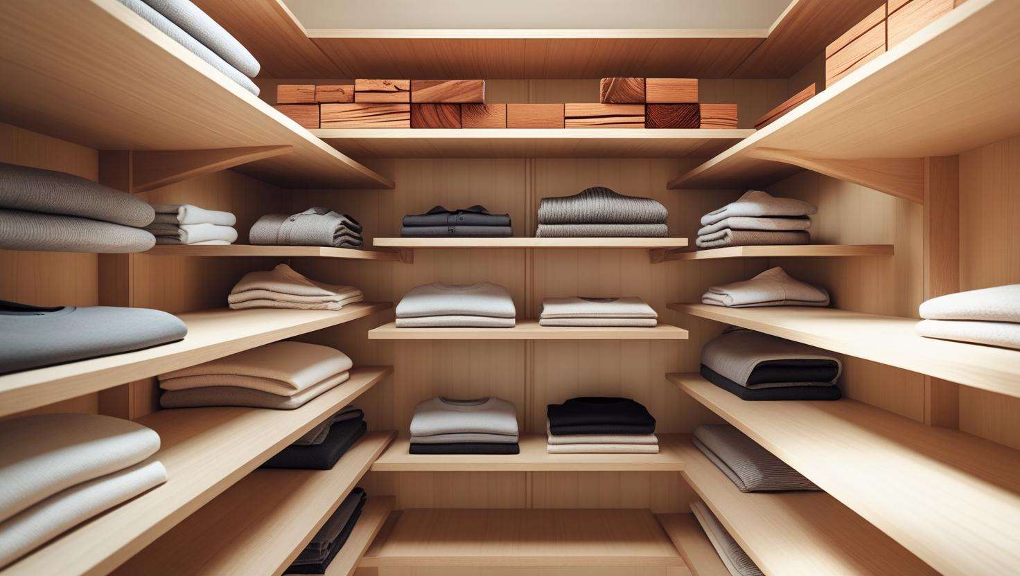 Cedarwood blocks placed in a closet as a natural pest repellent, keeping clothes fresh and insect-free with the aroma of aromatic evergreen wood