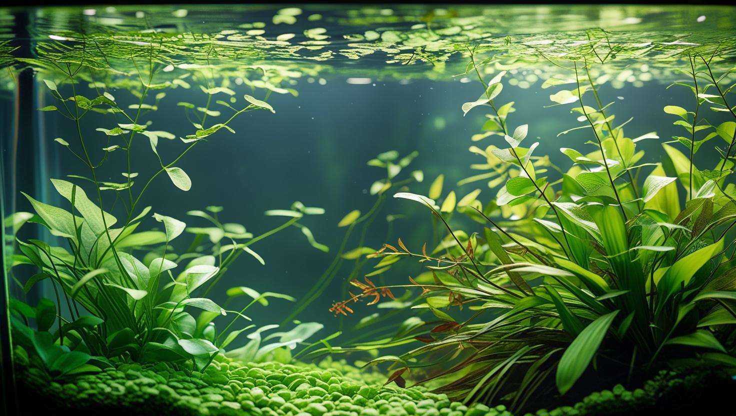  A serene, well-maintained aquarium featuring a balanced setup with duckweed aquarium plant floating on the surface, with other plants thriving beneath.