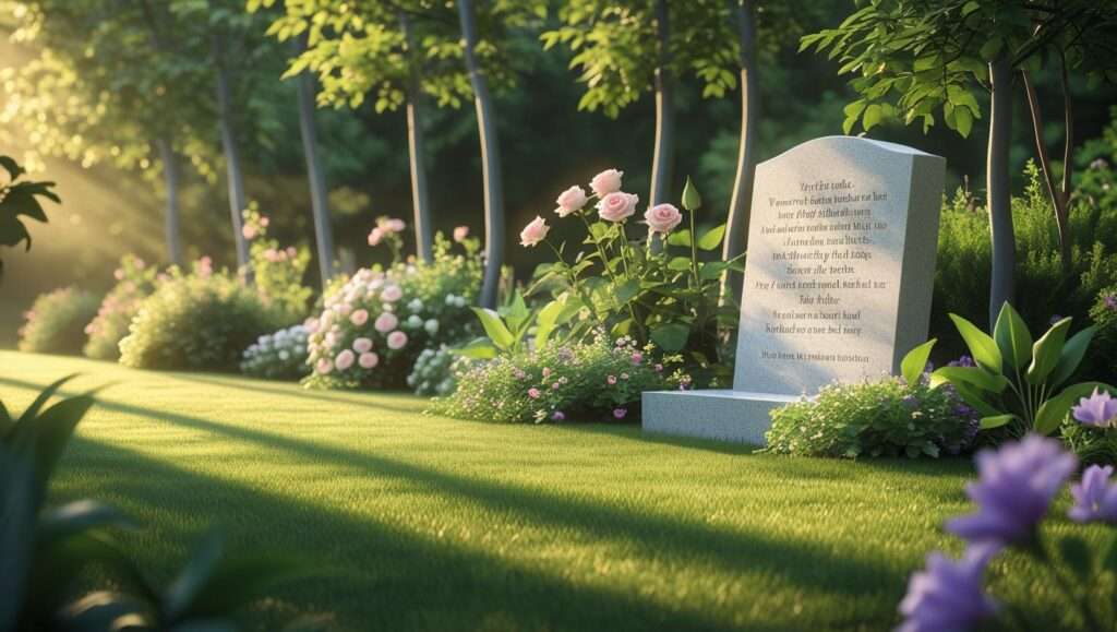 Peaceful garden with a memorial stone engraved with tribute, surrounded by flowers and greenery, symbolizing remembrance and serenity