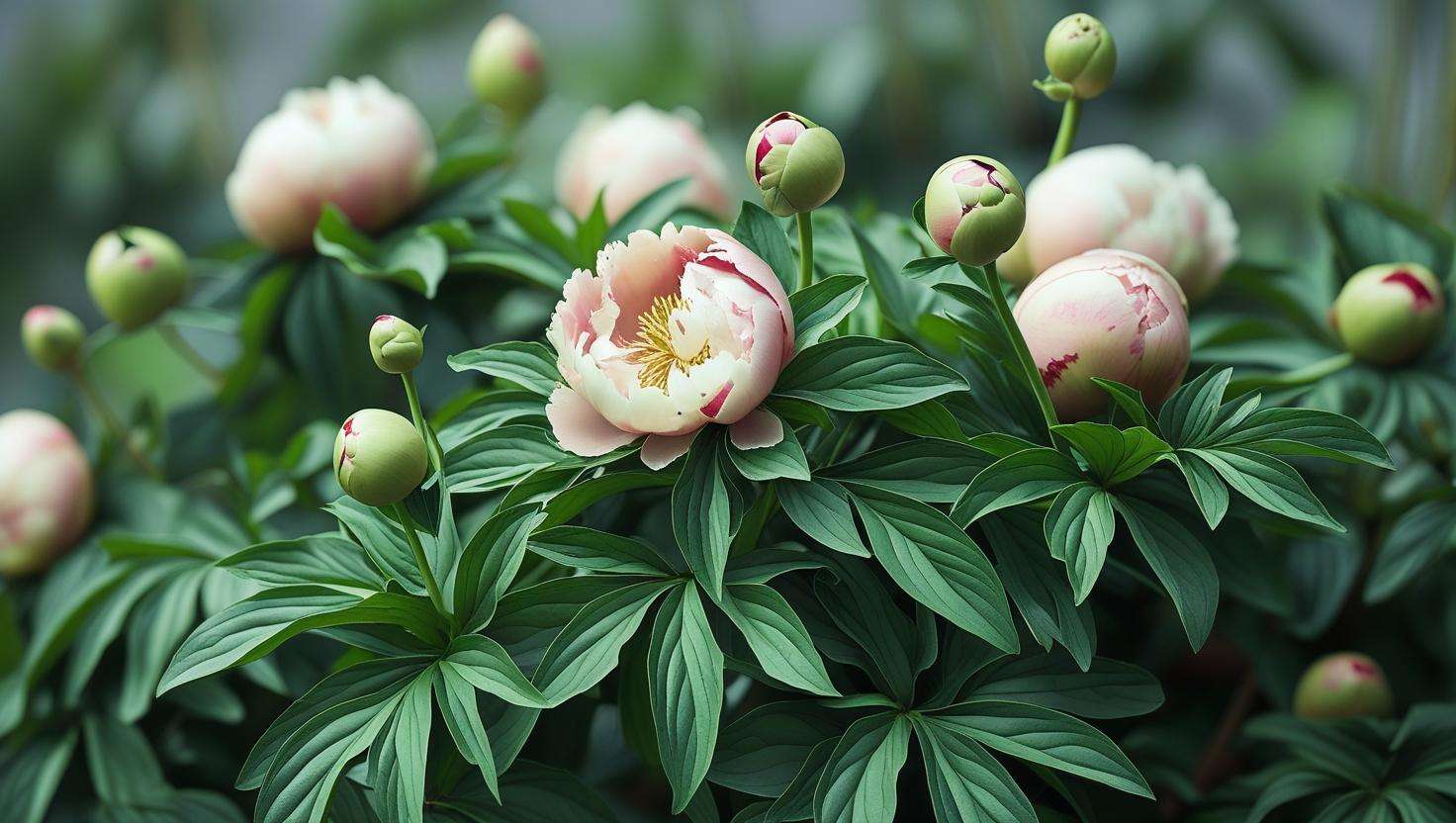 A peony plant with overly lush leaves and minimal flowers, visually demonstrating the effects of excess nitrogen.