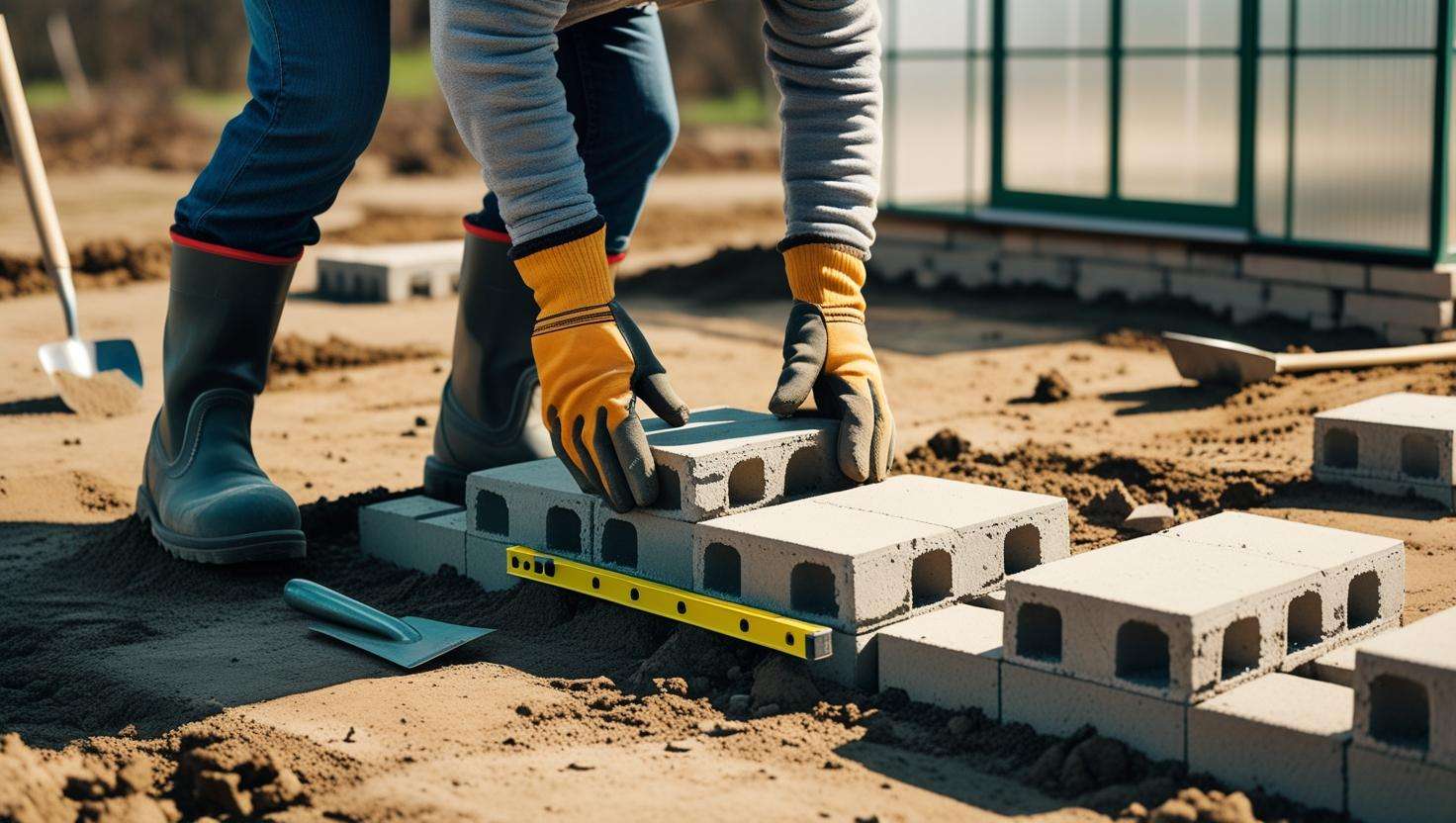 A builder working on the foundation of a greenhouse shed, laying concrete blocks or gravel.