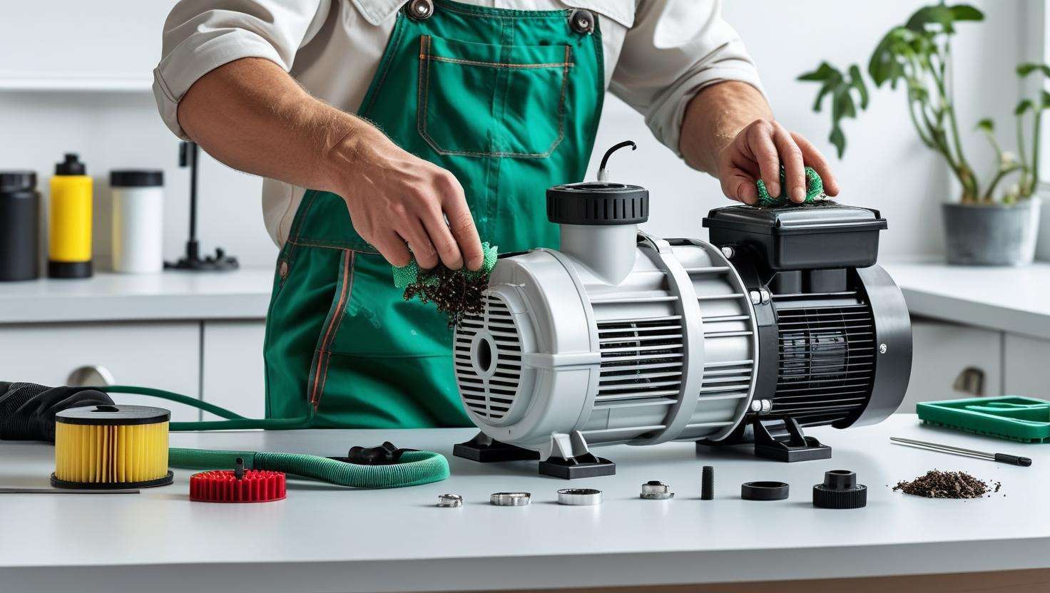 A person cleaning and maintaining a hydroponics pump (removing debris or performing routine maintenance).