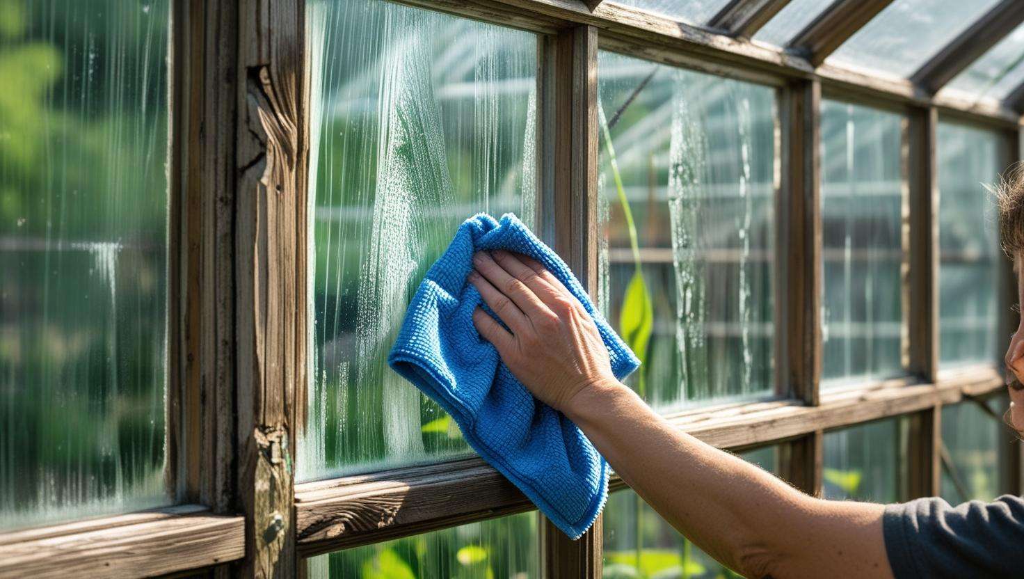 A person cleaning greenhouse windows with a soft cloth, or inspecting the seals and frames of the windows.