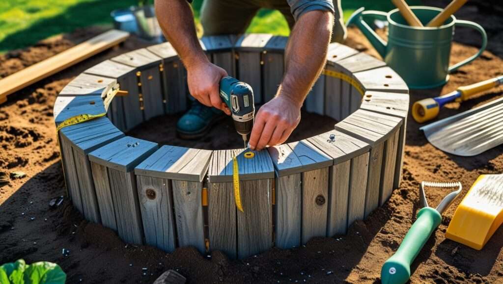 Person constructing a raised circular garden bed frame using wooden planks, with tools like a drill and screws nearby
