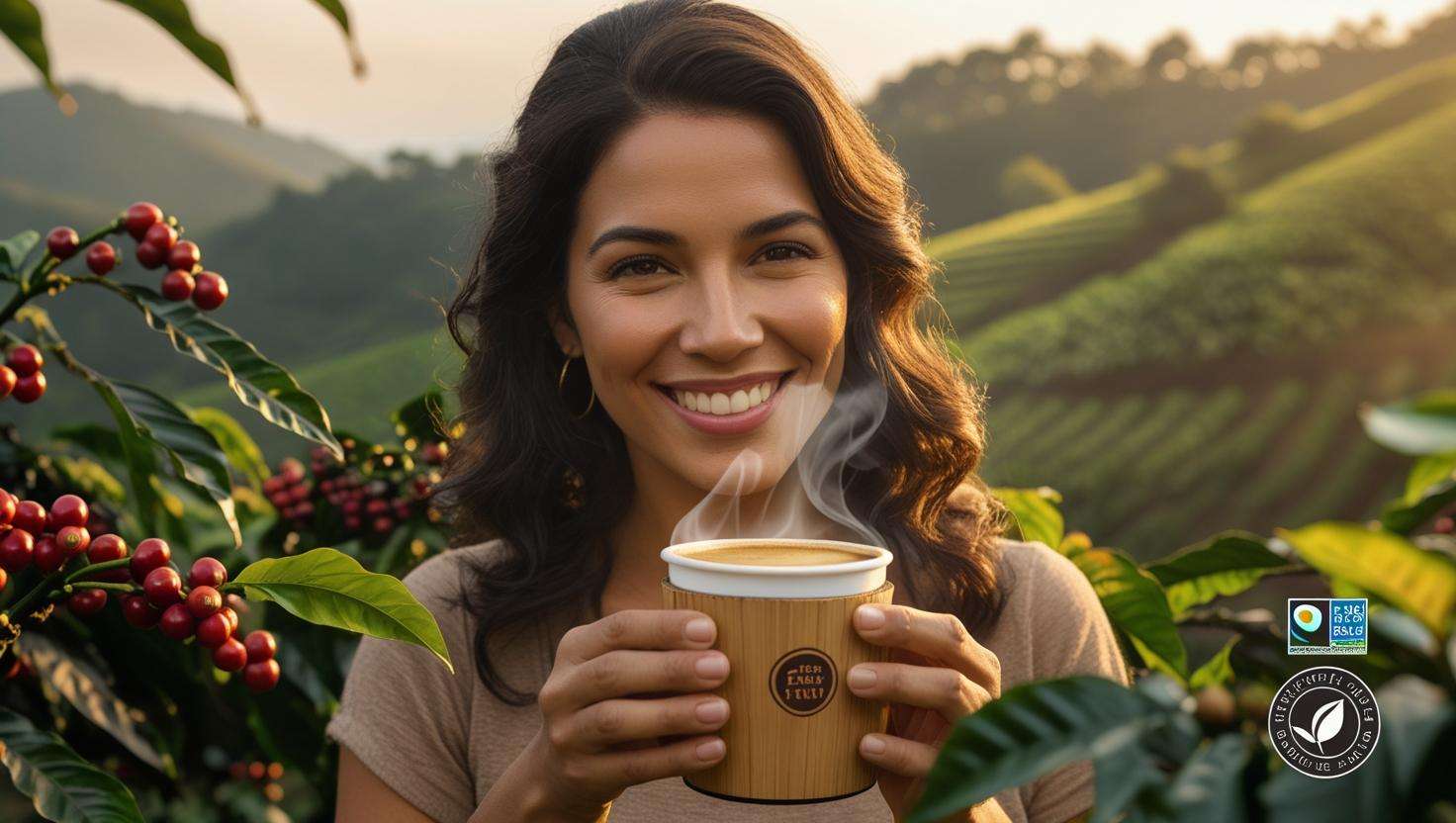 Person enjoying coffee from a reusable cup, with an eco-friendly coffee farm background and visible Fair Trade logo.