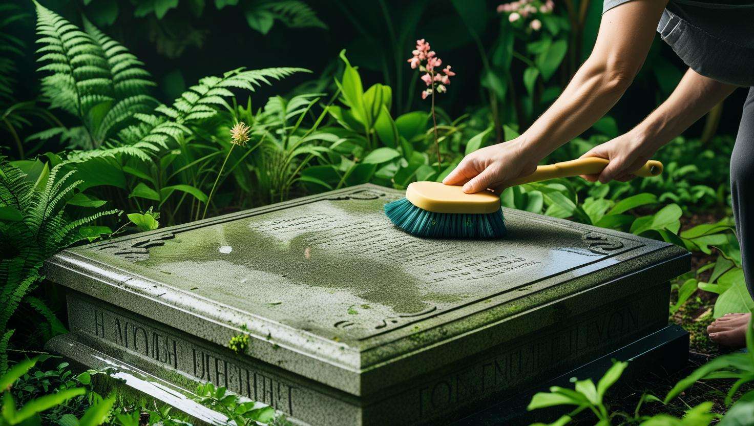 Person cleaning a memorial stone in a lush garden with a soft brush, demonstrating the maintenance and care of a garden memorial.