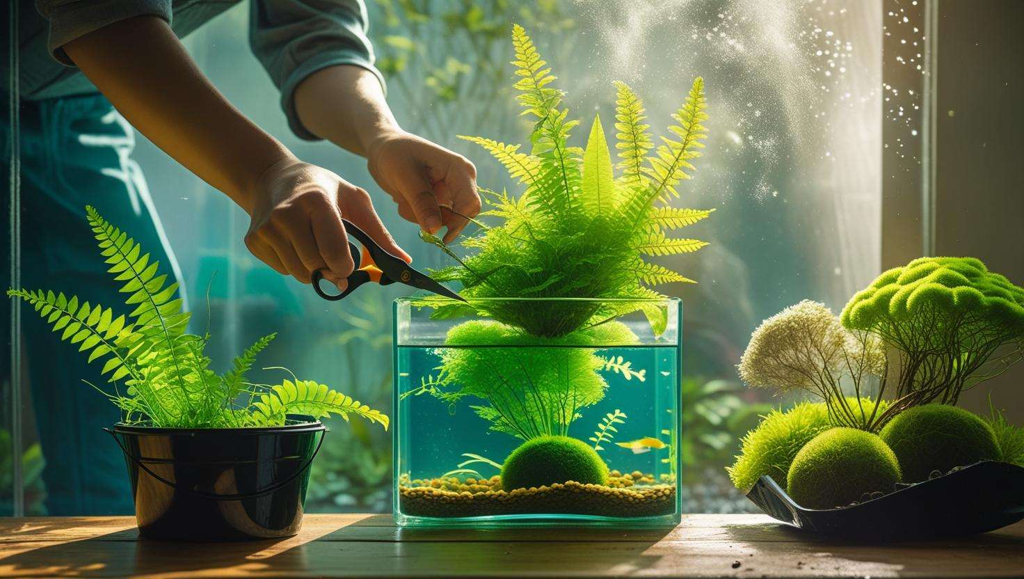  A photo showing someone trimming plants, performing a water change, and ensuring proper lighting in a betta tank.