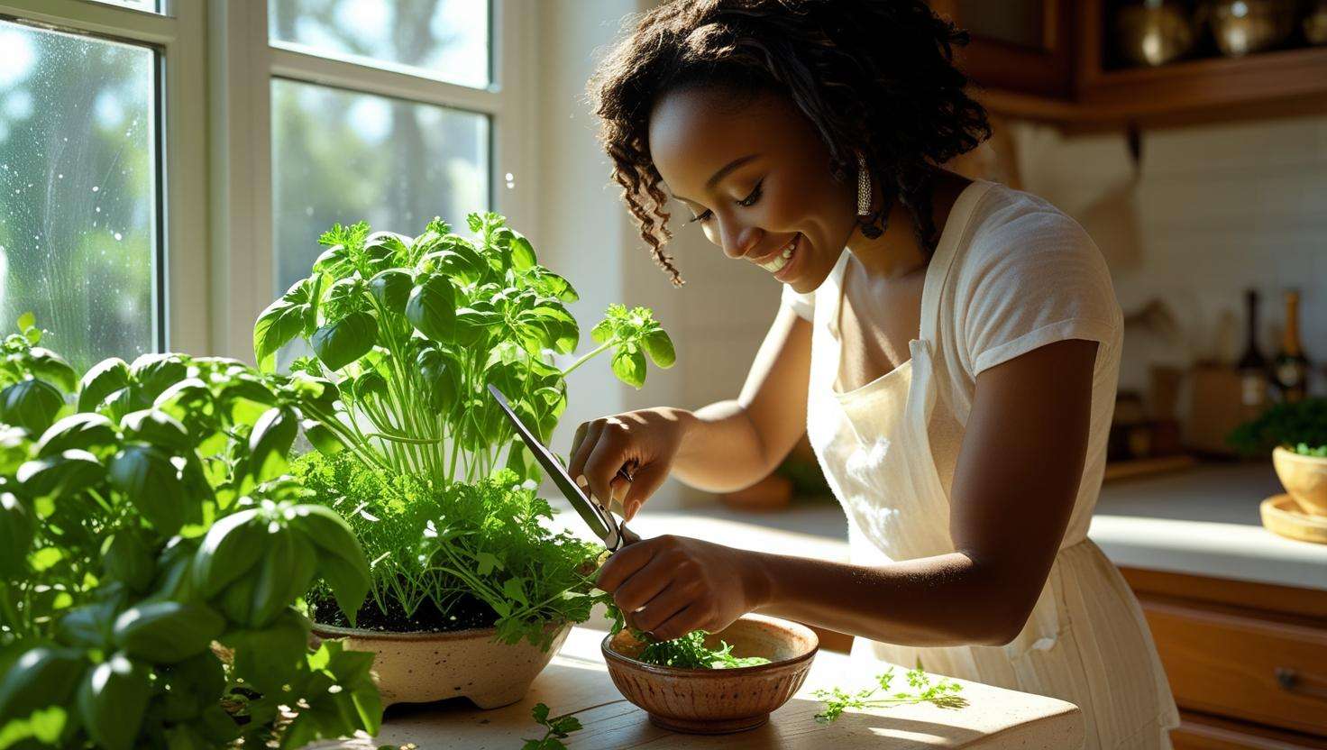 Person harvesting fresh basil and parsley from a small indoor herb garden with scissors, ready to use in cooking