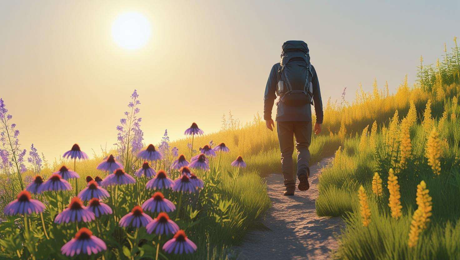 Person hiking through a meadow full of vibrant Michigan wildflowers like purple coneflowers and goldenrod, enjoying the beauty of nature