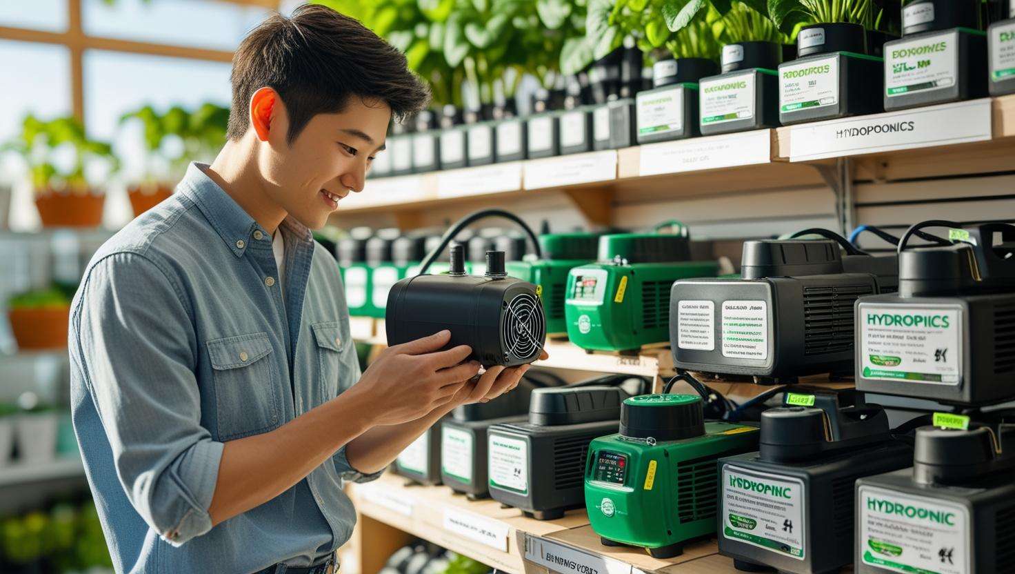 A person selecting a hydroponics pump in a garden supply store, with different types of pumps displayed.