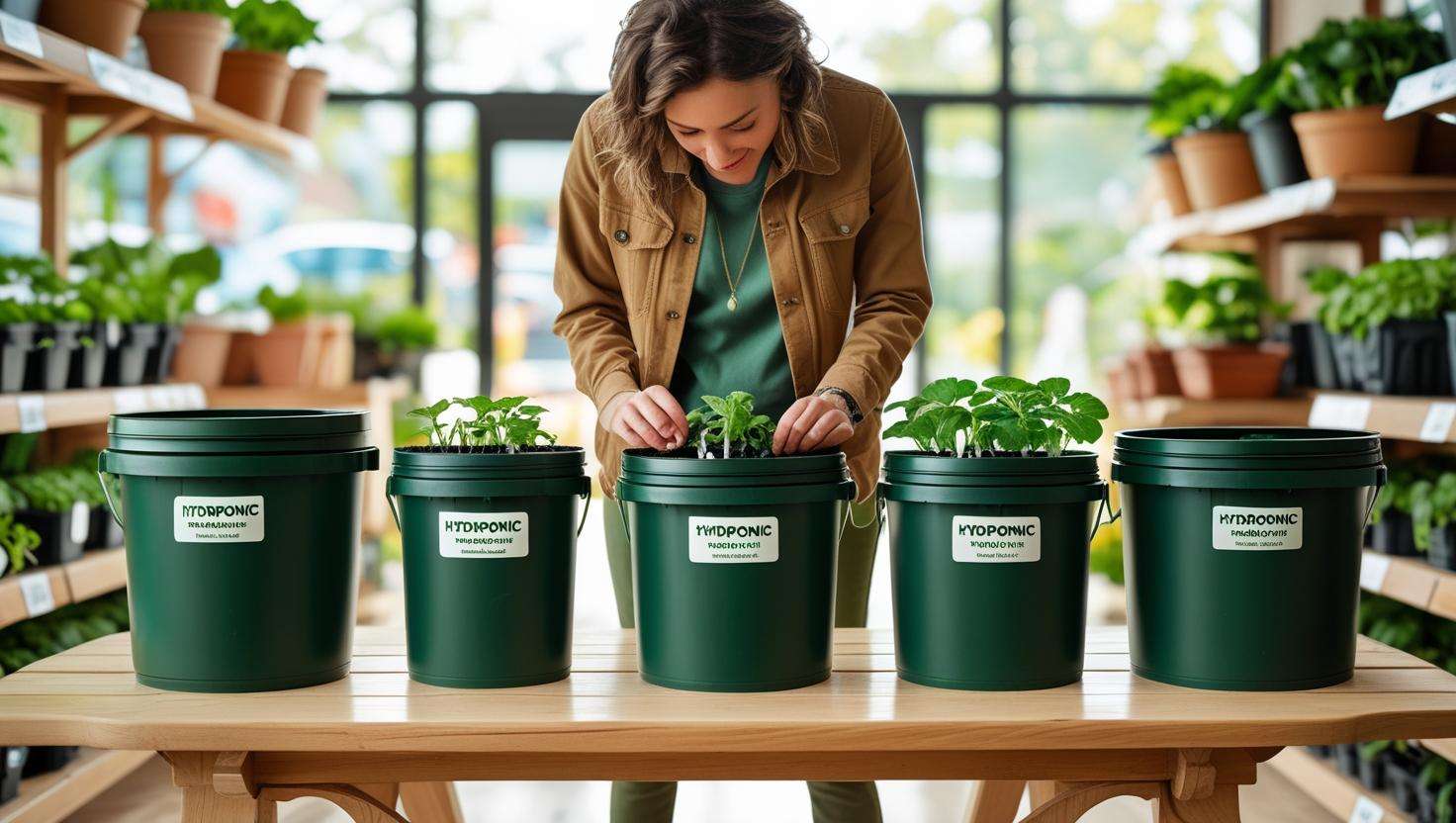 A person standing in front of various 5 hydroponic buckets kits on a shelf or table, selecting the best one for their space. This shows the decision-making process.