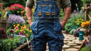 Gardener wearing durable gardening overalls with pockets, adjustable straps, and reinforced knees in a flower garden, showcasing comfort and functionality
