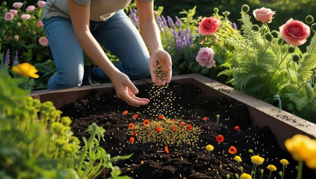 Person scattering wildflower seeds over prepared soil in a garden bed, ready for planting with vibrant greenery in the background