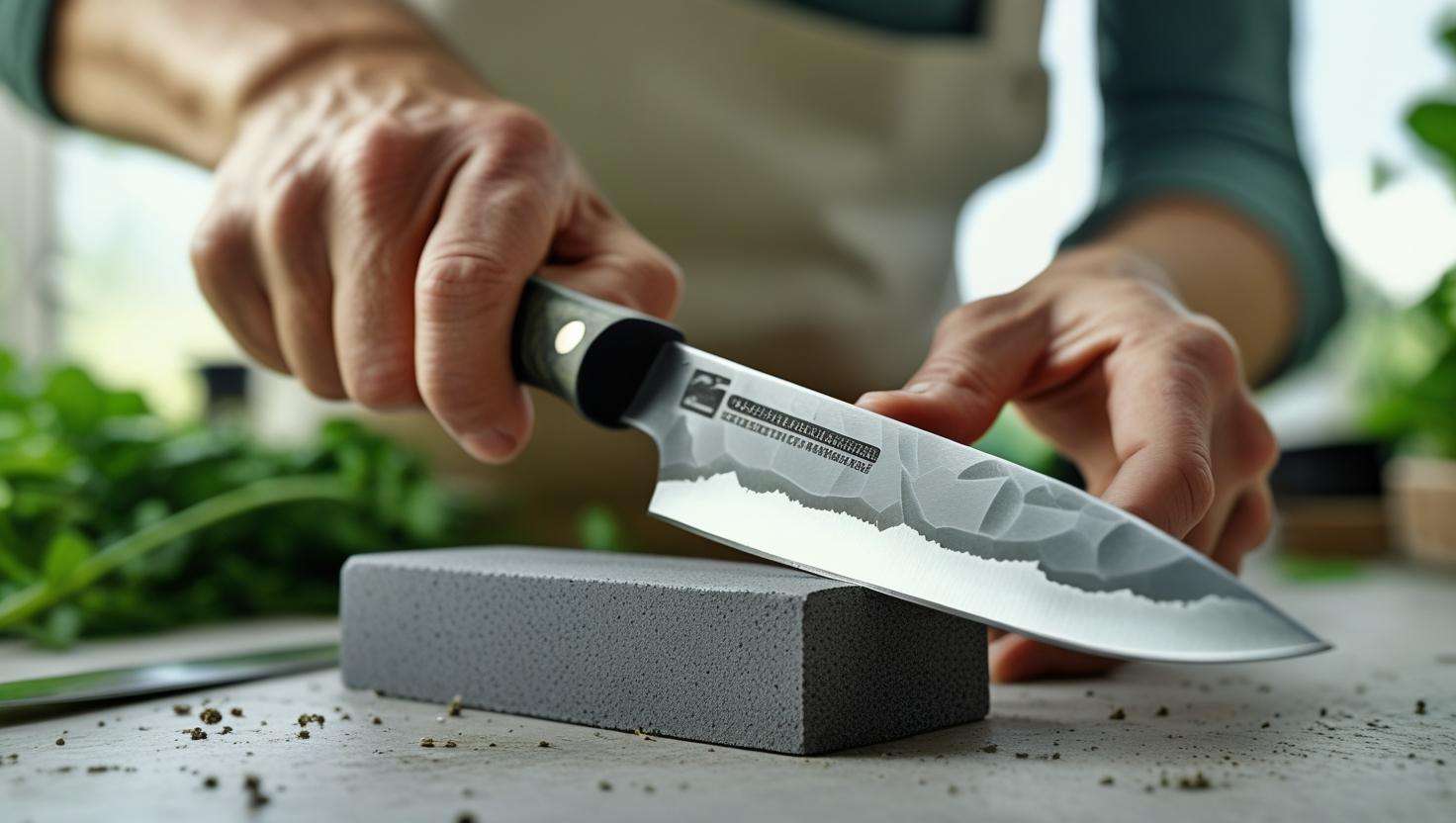 Person sharpening a gardening knife using a sharpening stone to maintain its edge