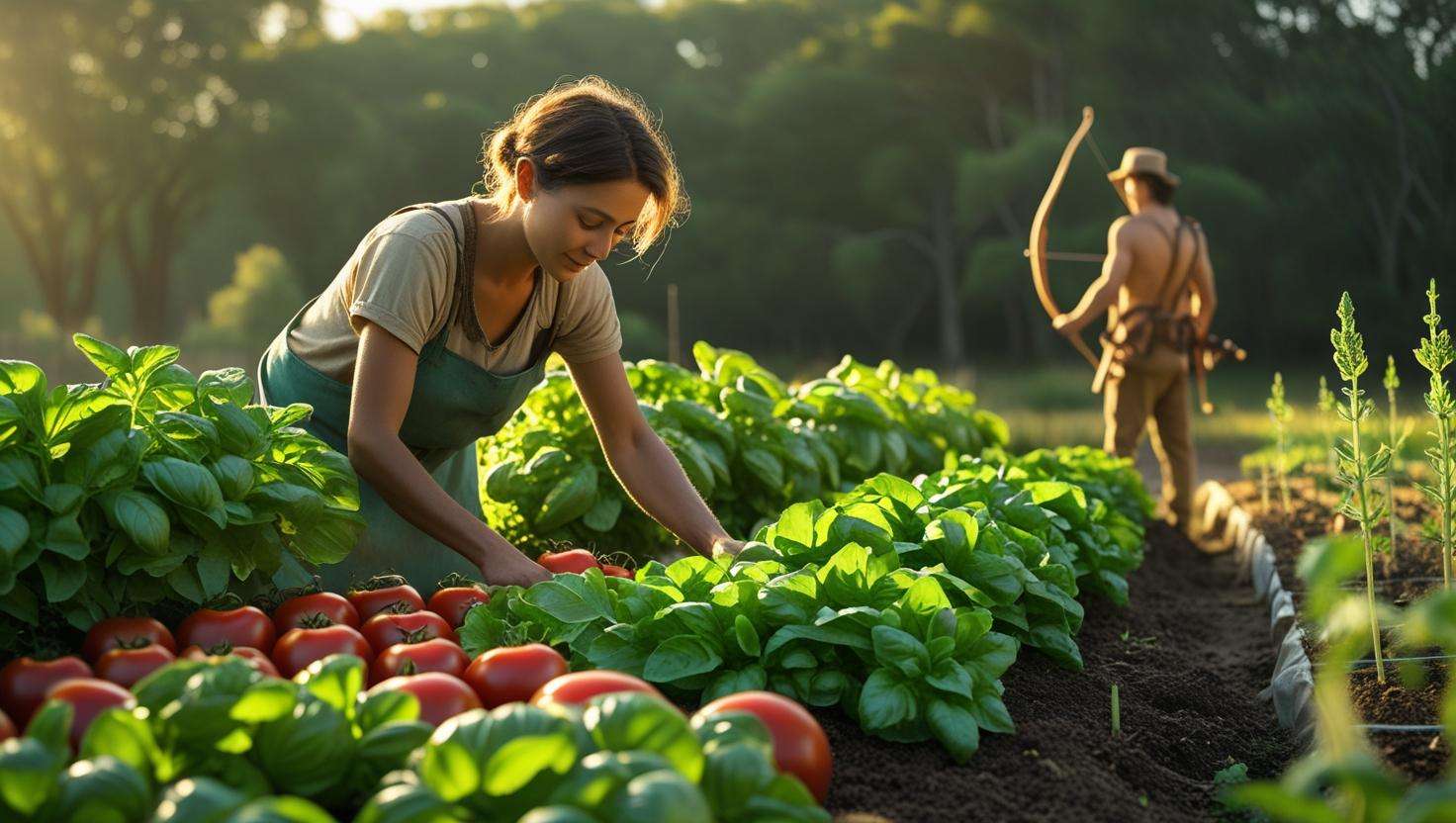 Person tending to a garden in the early morning, while a hunter prepares for a hunt in the background, balancing gardening and hunting tasks