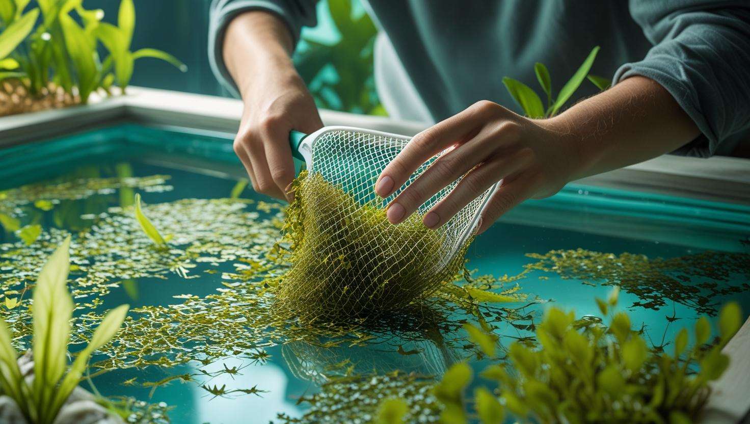 An image showing someone gently trimming excess duckweed from the surface of a tank with a fine mesh net, demonstrating regular maintenance.