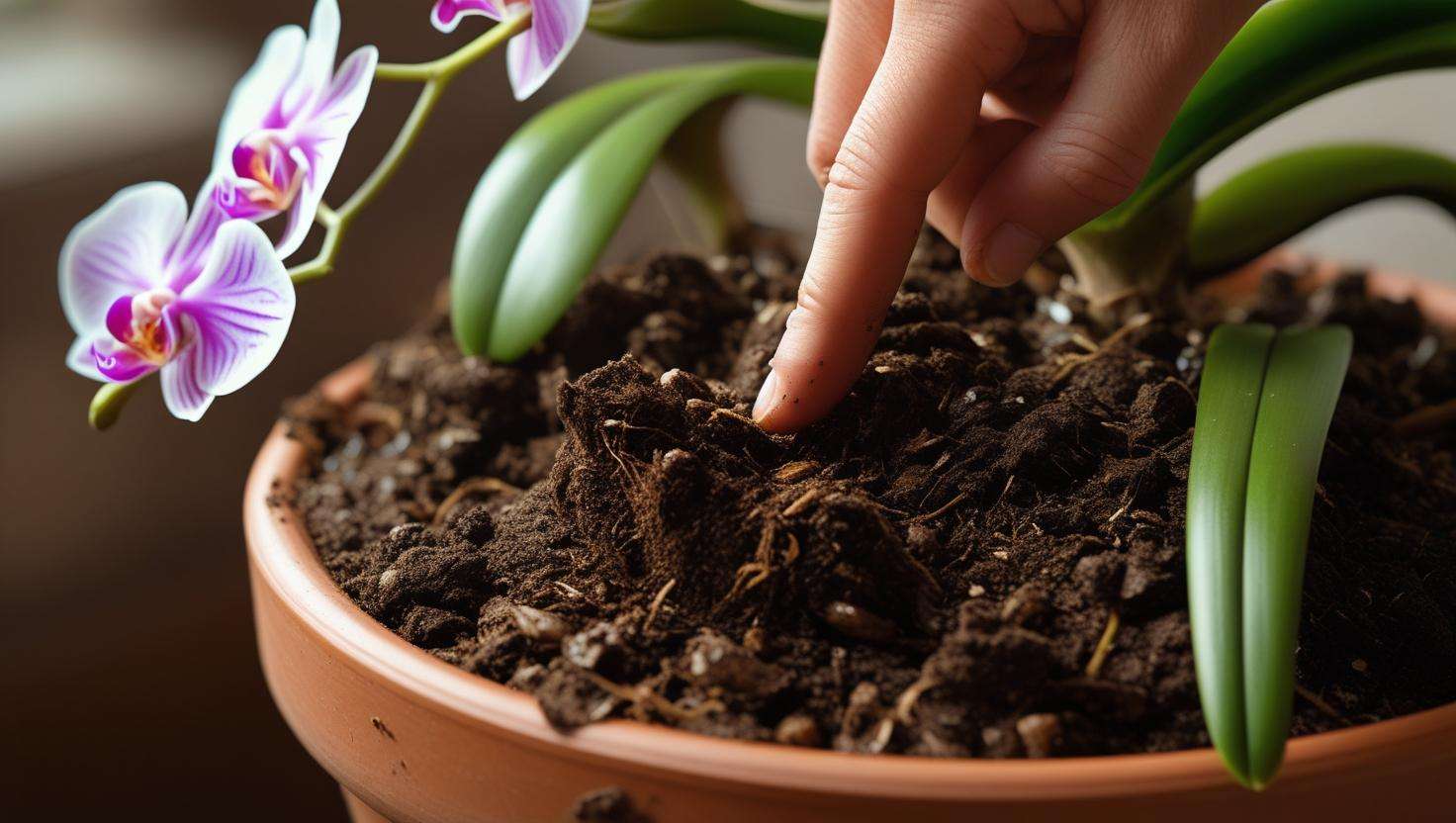 Person checking the moisture level in an orchid's potting mix using the finger test, ensuring proper watering for healthy orchid growth