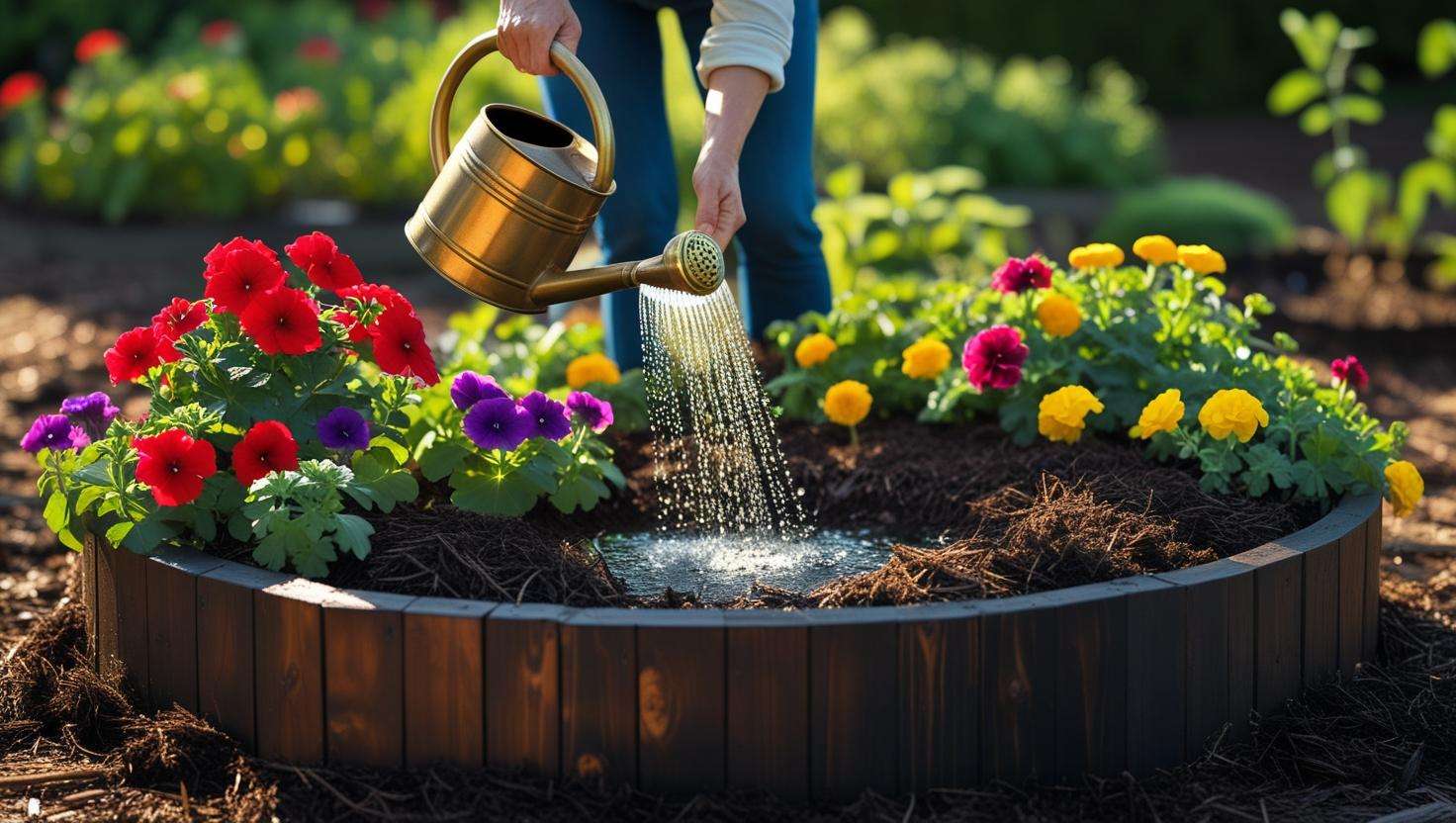 Person watering a well-maintained raised circular garden bed with vibrant plants, surrounded by fresh mulch and sunlight
