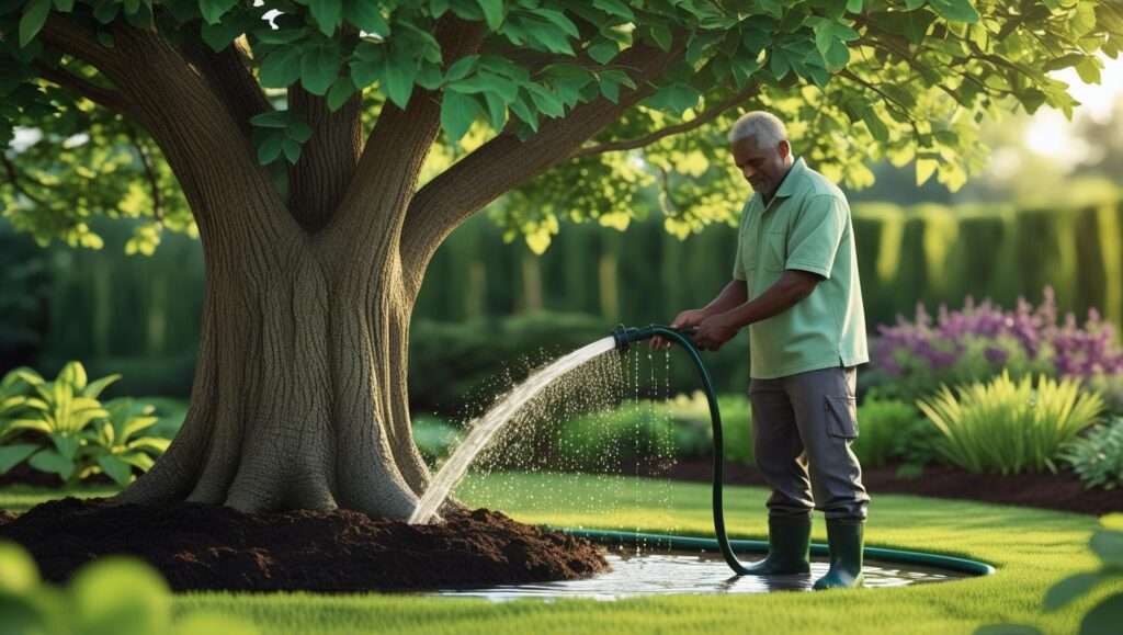 Person using a soaker hose to water a tree, with water reaching the root zone, showcasing deep watering techniques for healthy trees
