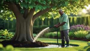 Person using a soaker hose to water a tree, with water reaching the root zone, showcasing deep watering techniques for healthy trees