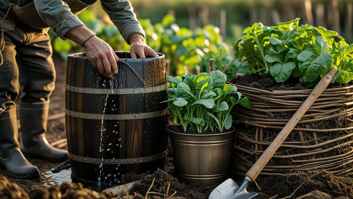 Person using rainwater collection barrels to water plants in a survival garden with a compost bin and gardening tools nearby