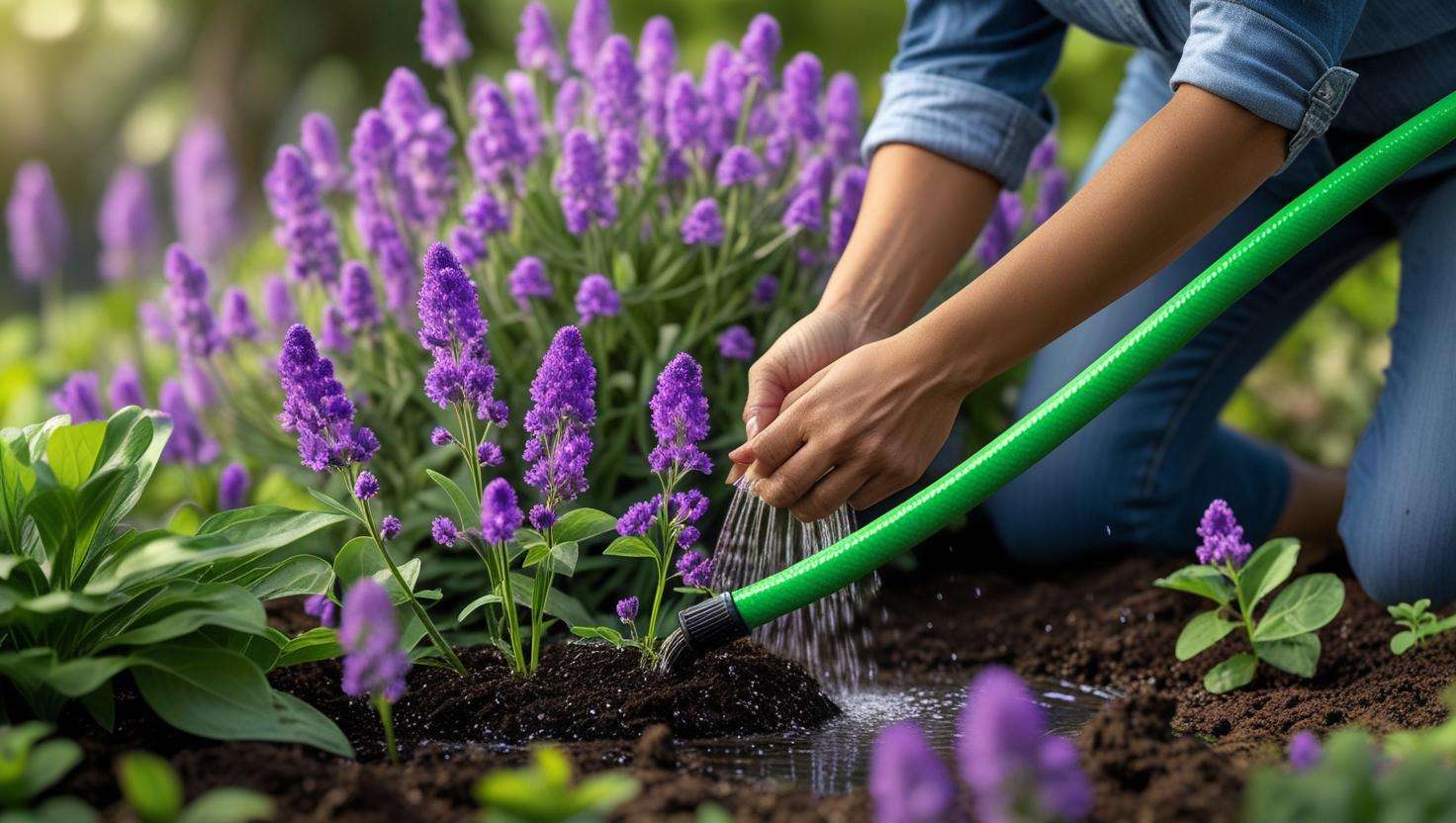A person watering purple wildflowers in the garden, ensuring the soil is moist around the base of the plants