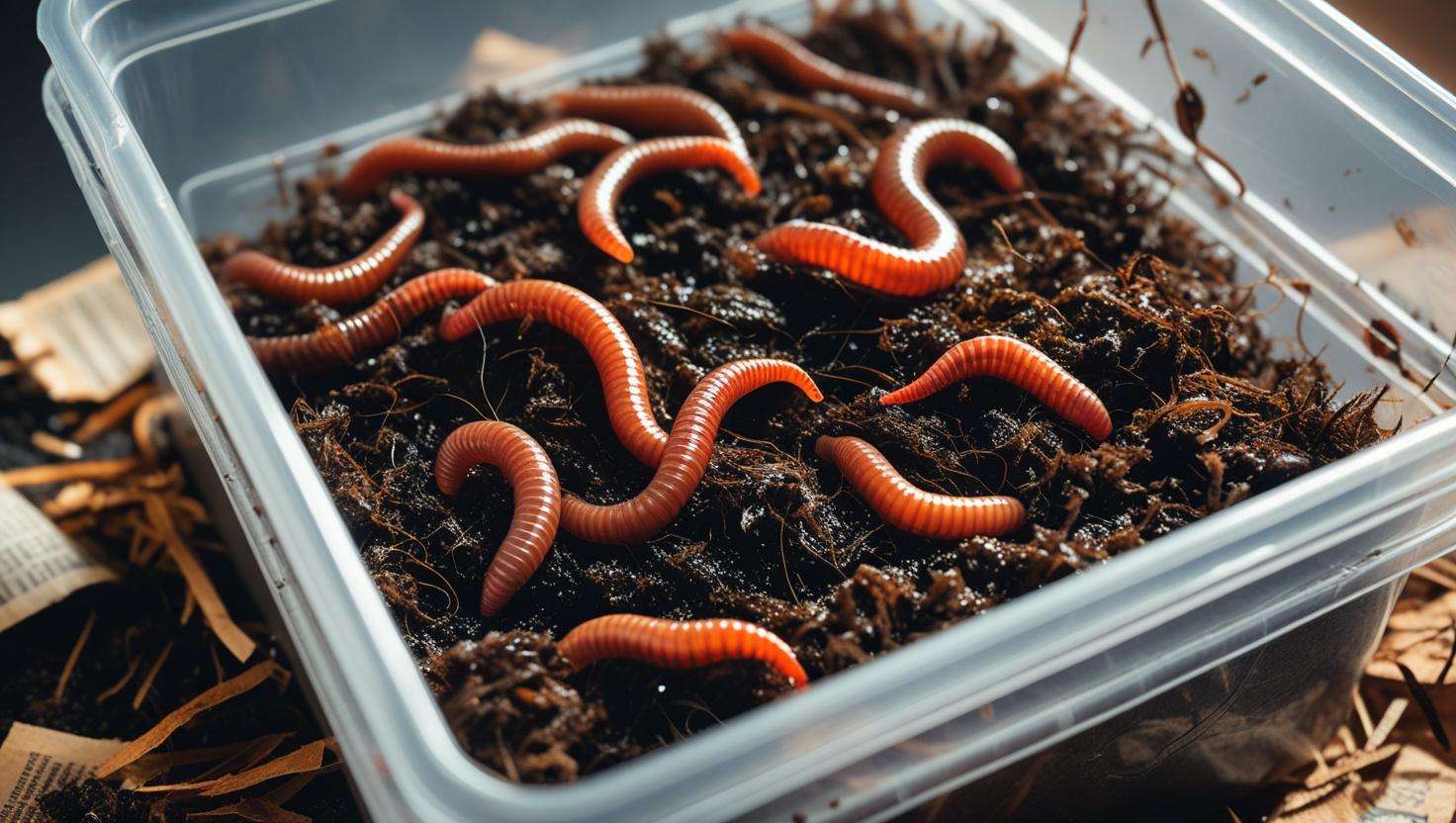 An image of worms being stored in a plastic bin or worm container, with bedding materials like shredded newspaper or peat moss visible.