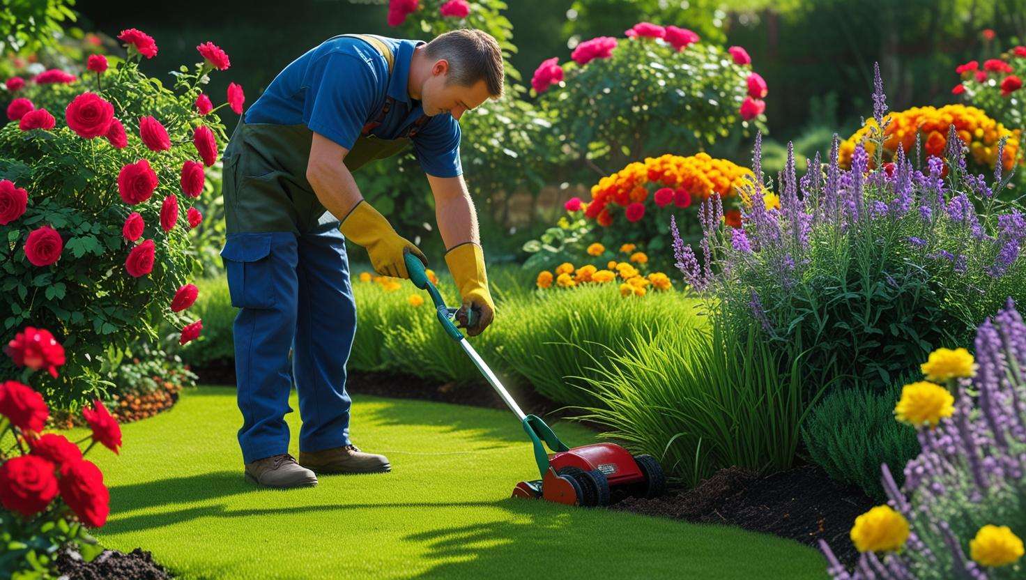 Professional gardener trimming bushes and mowing the lawn in a lush, well-maintained garden with vibrant flowers and green grass under natural bright lighting.