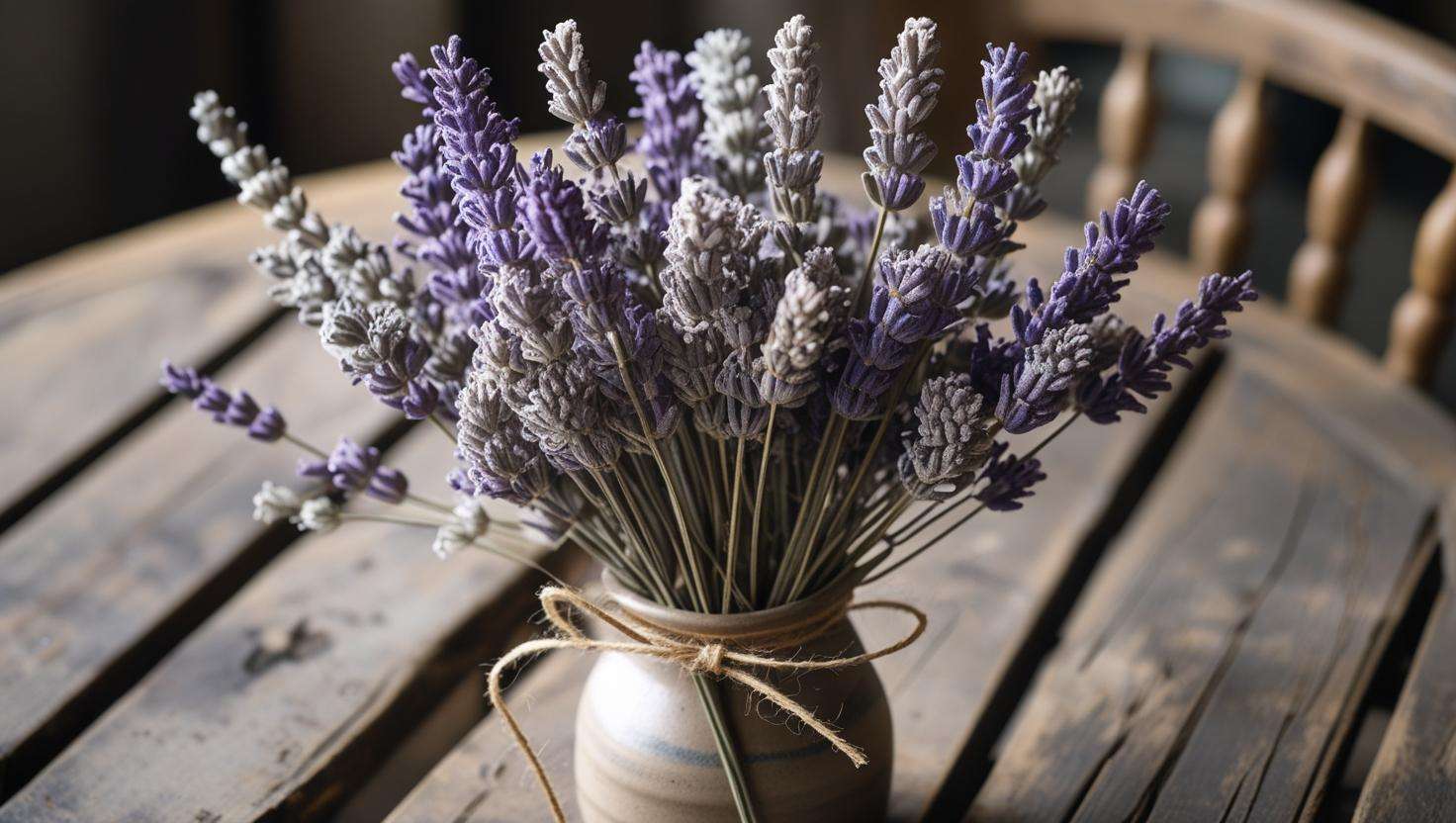 A rustic dried lavender bouquet tied with twine, placed in a vase, showcasing its faded purple flowers