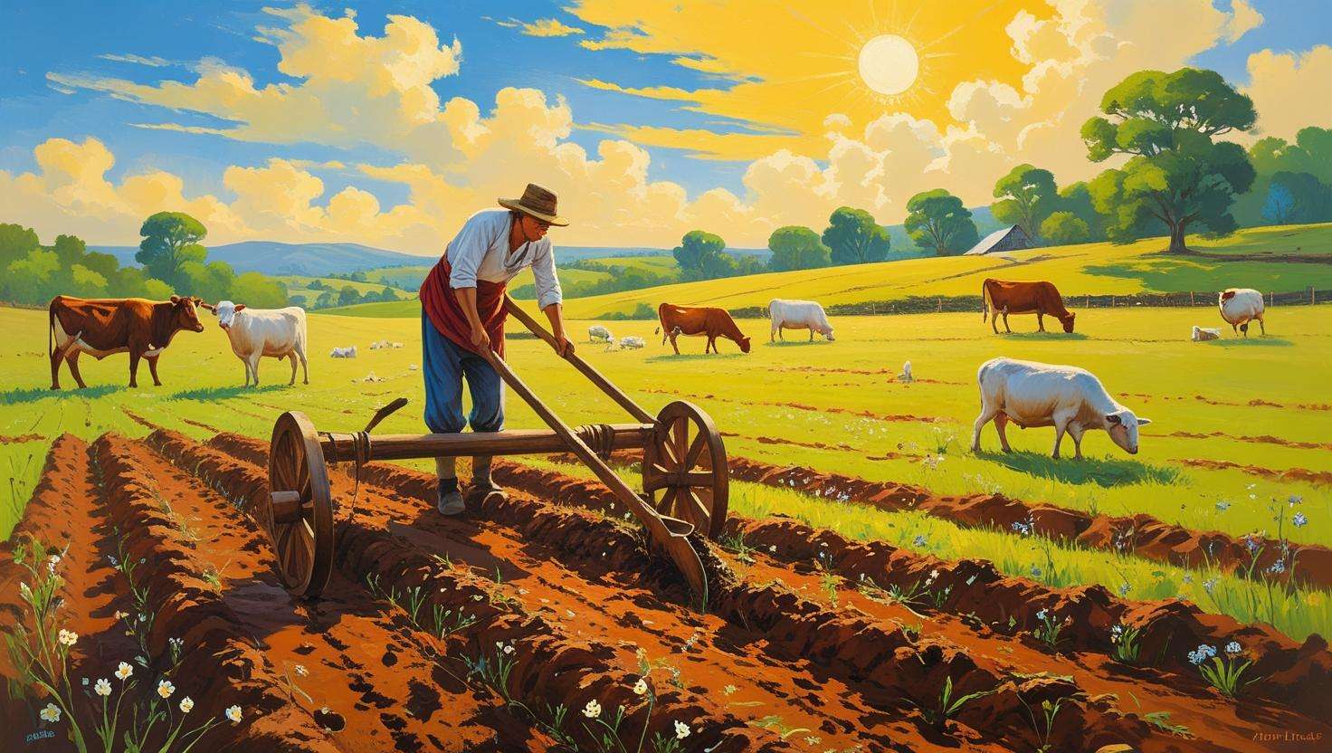 A farmer working in a field with simple tools (plows, hoes, animals) surrounded by natural landscapes, showing the essence of traditional farming.
