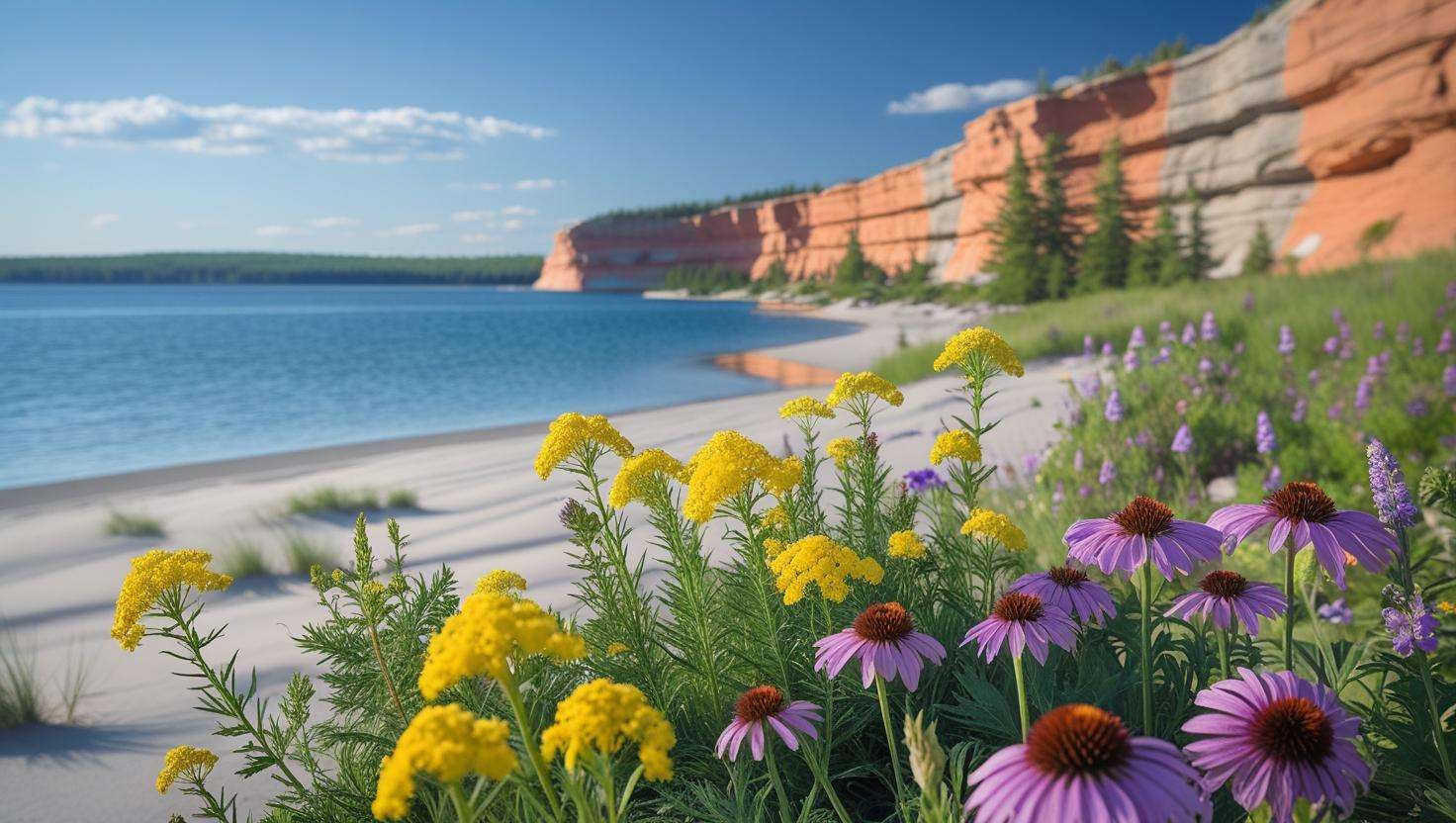 Scenic photograph of Sleeping Bear Dunes National Lakeshore with vibrant Michigan wildflowers like goldenrod and wild geraniums in bloom