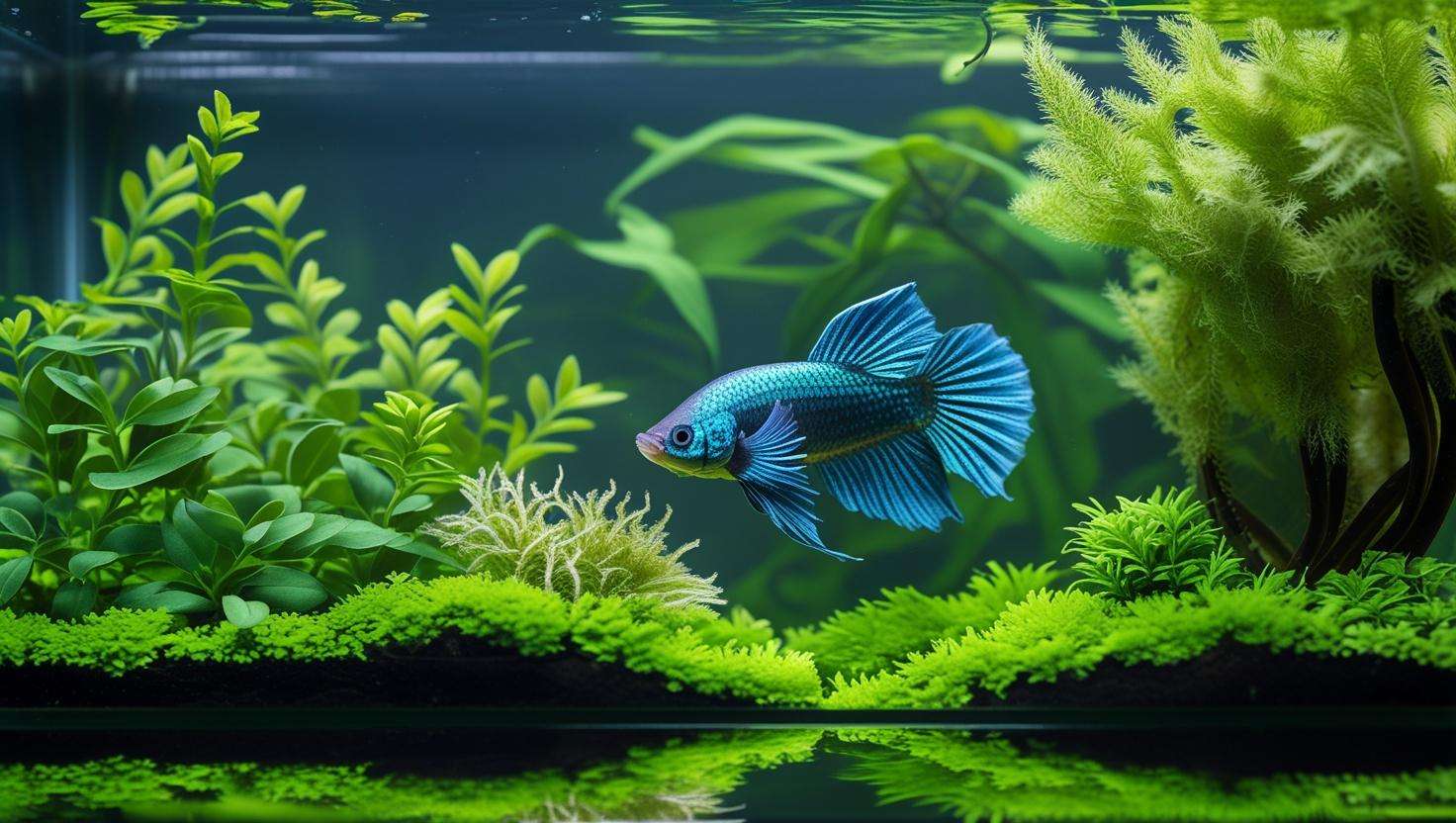  A serene betta tank filled with lush plants, with a betta fish swimming contentedly through the plants. The aquarium should look vibrant and peaceful, symbolizing a thriving habitat.