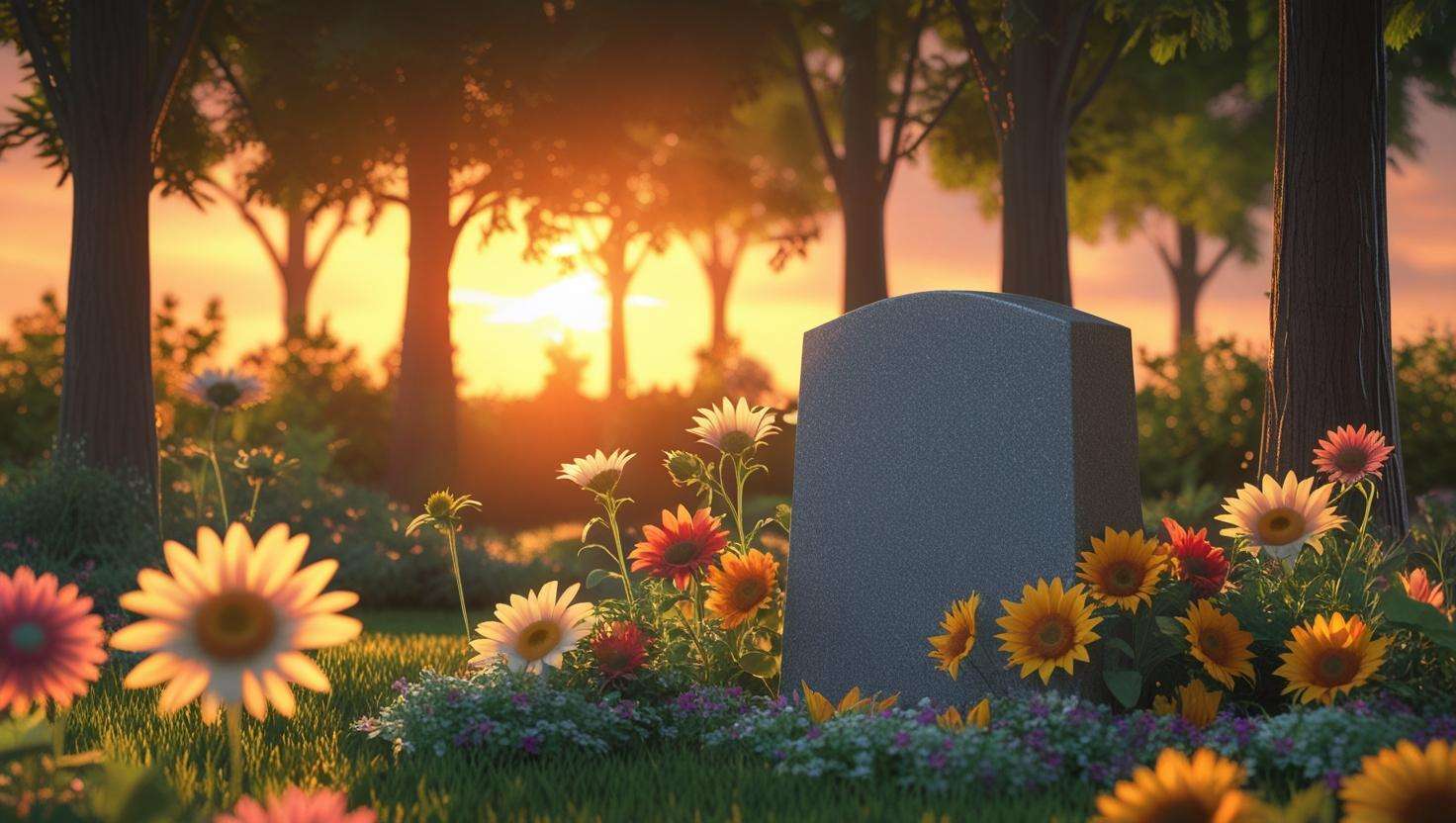 Serene garden at sunset with a memorial stone surrounded by flowers and soft lighting, symbolizing peace, closure, and lasting tribute
