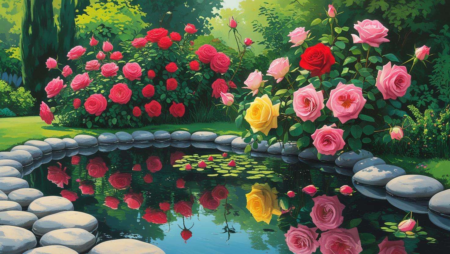 Blooming roses surrounding a peaceful pond, with some flowers reflected in the water, creating a tranquil and serene garden atmosphere
