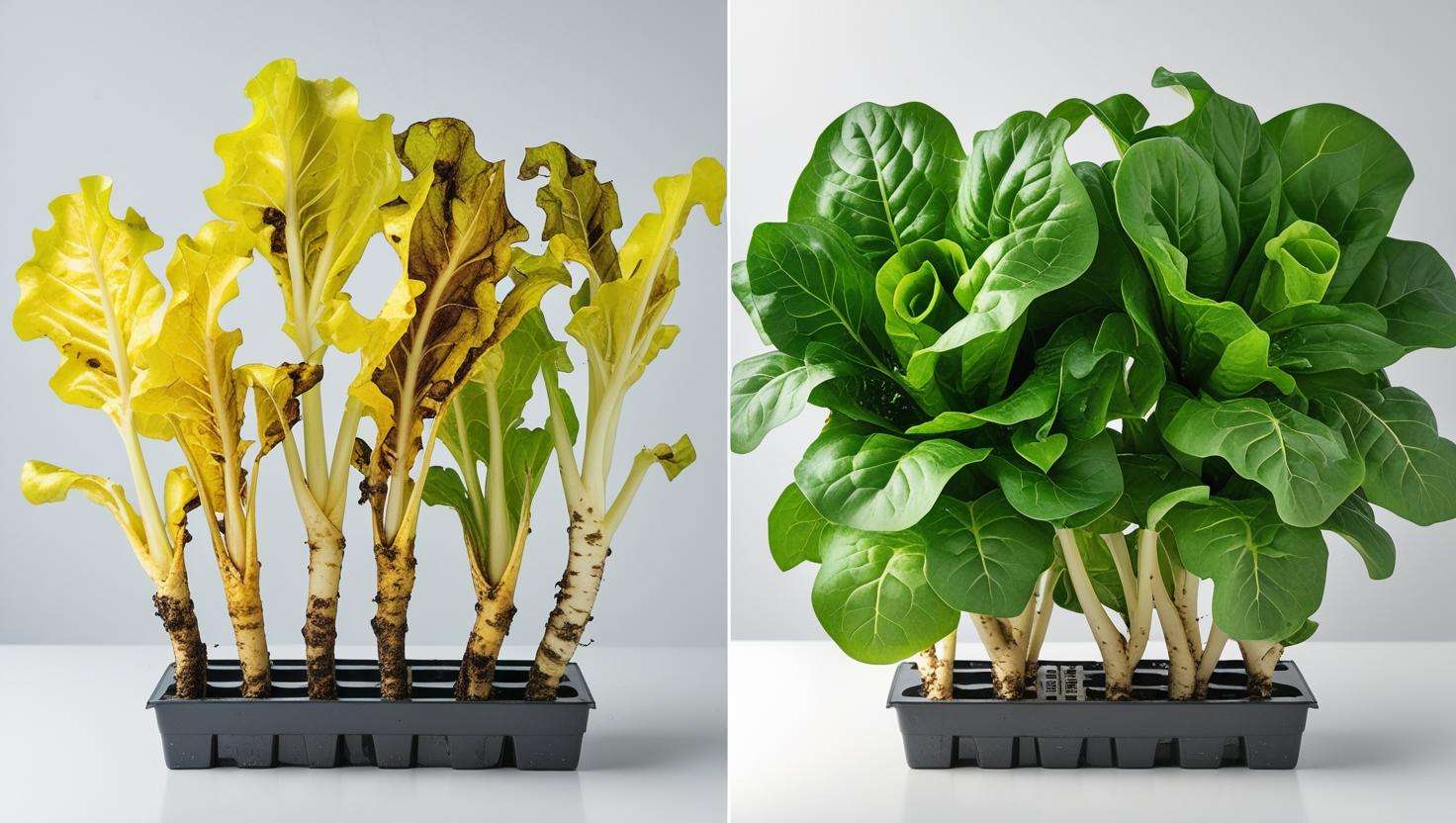 A side-by-side comparison image showing unhealthy plants due to poor nutrient management versus healthy plants thriving with proper nutrient balance.
