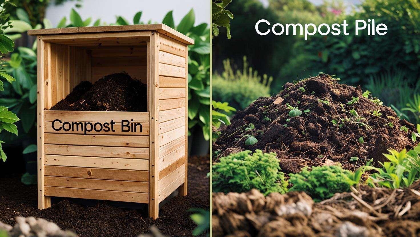 A compost bin next to a traditional compost pile in a garden, showcasing both methods