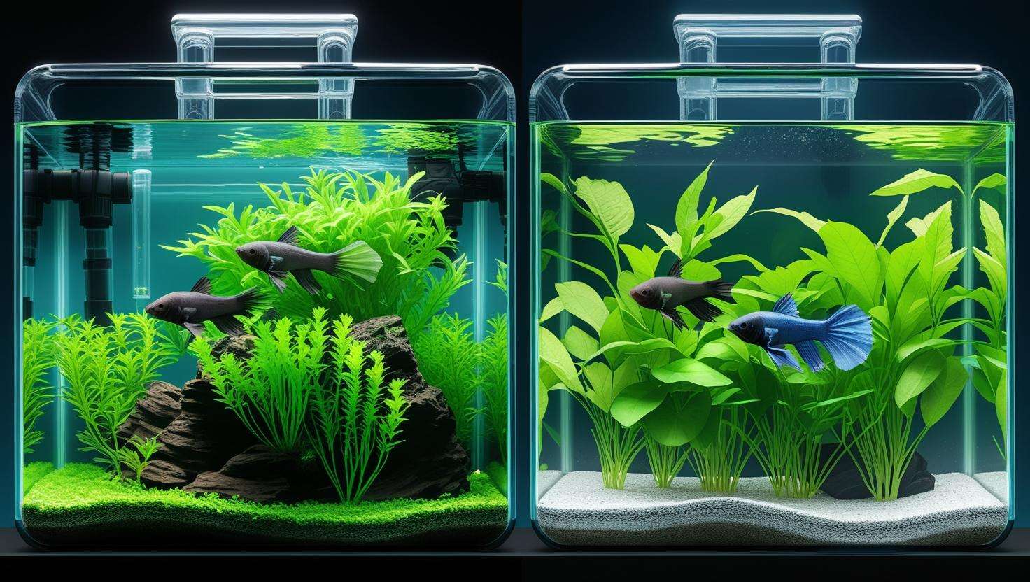  A split image showing a tank with overcrowded plants, versus a well-balanced tank with adequate plant space for a betta to swim freely.