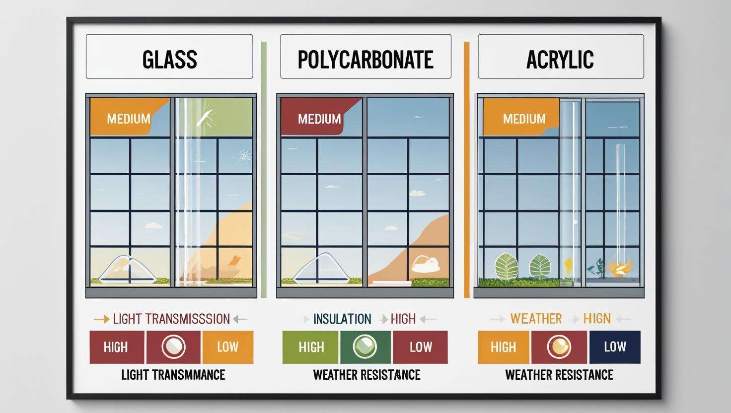 A side-by-side comparison of various greenhouse windows glass, polycarbonate, and acrylic with arrows indicating light transmission, insulation, and weather resistance.