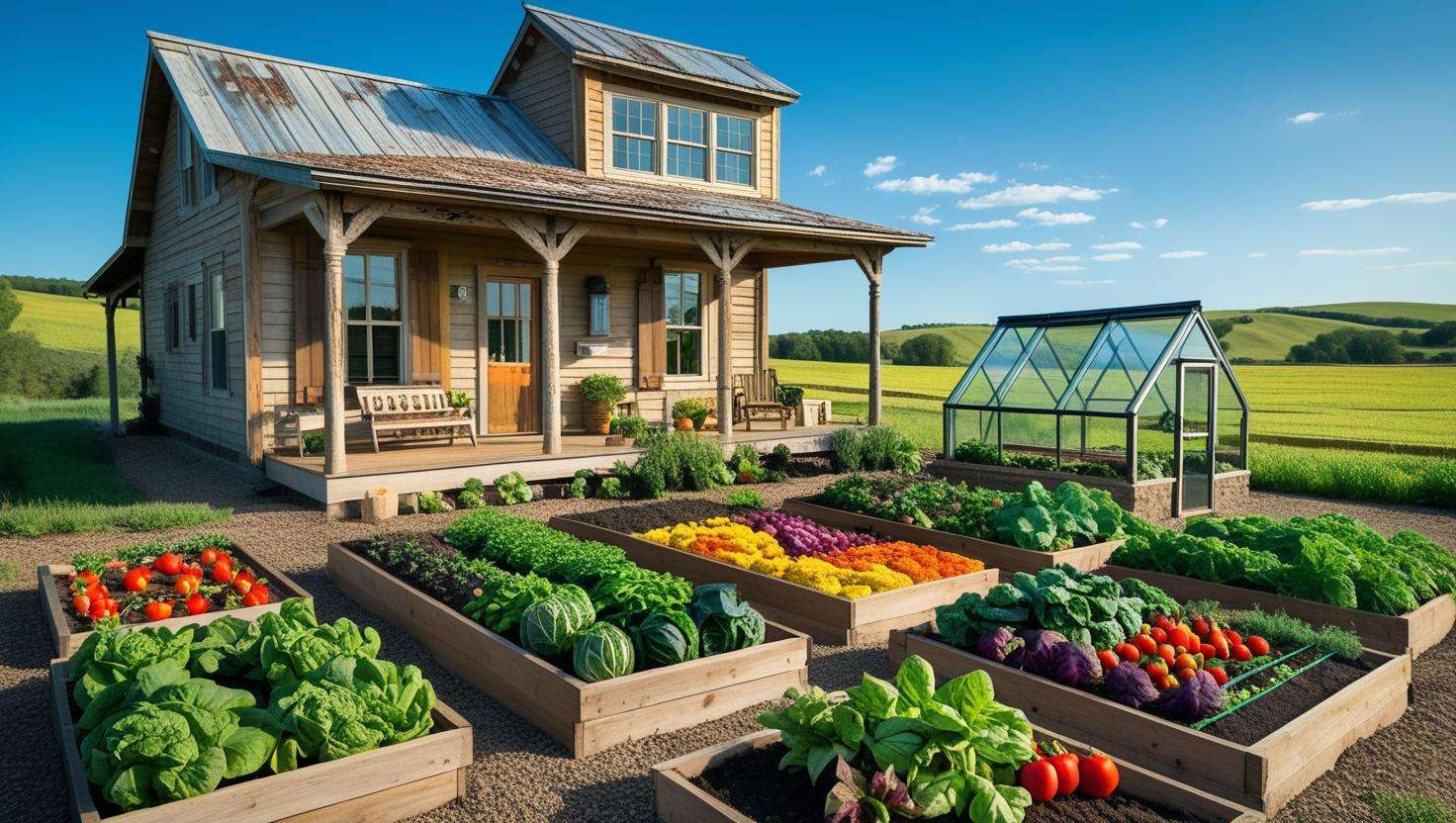 Small farm home with a beautiful garden, including raised vegetable beds, a composting area, a greenhouse, and a cozy porch with a swing overlooking the farmland.