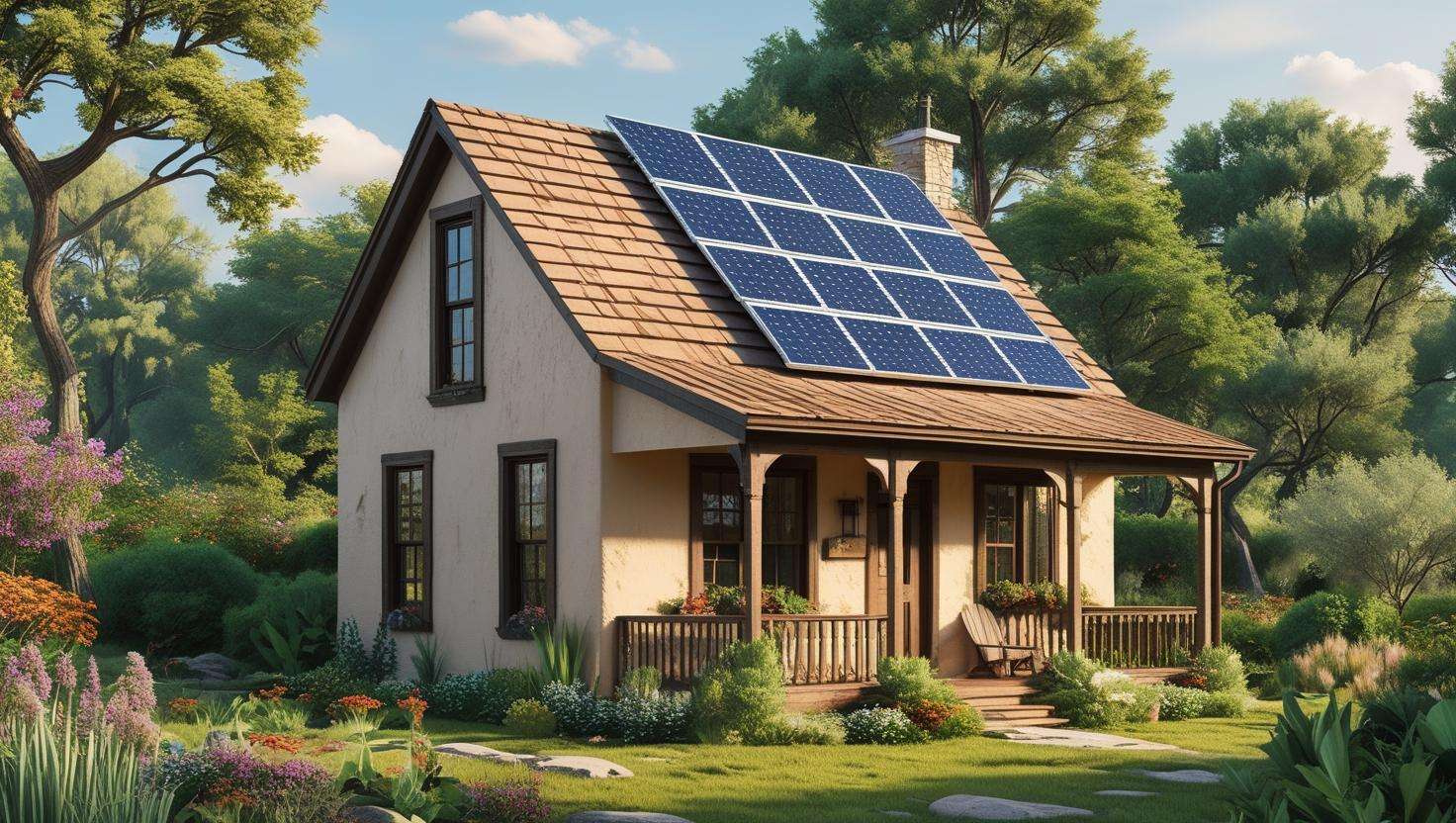 Small farm home with solar panels on the roof, surrounded by greenery, highlighting eco-friendly features such as rainwater harvesting and energy-efficient design