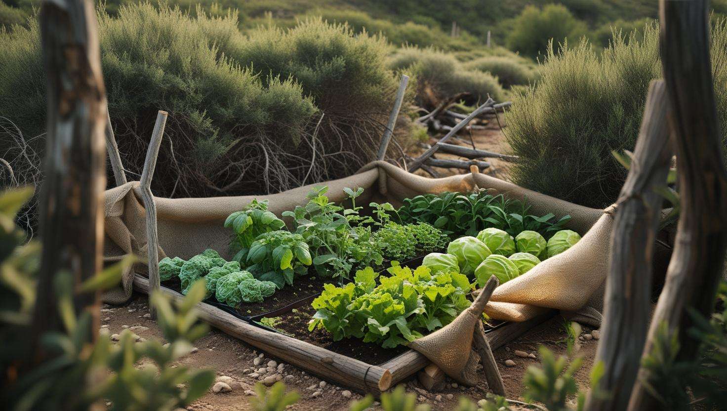 Protected survival garden with thorn bushes and logs as natural barriers, and row covers on crops for weather protection in a hunter world
