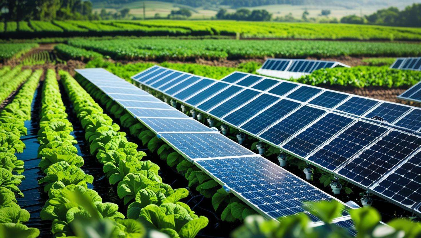 A solar-powered irrigation system at work in a field, with the sun shining and plants thriving.