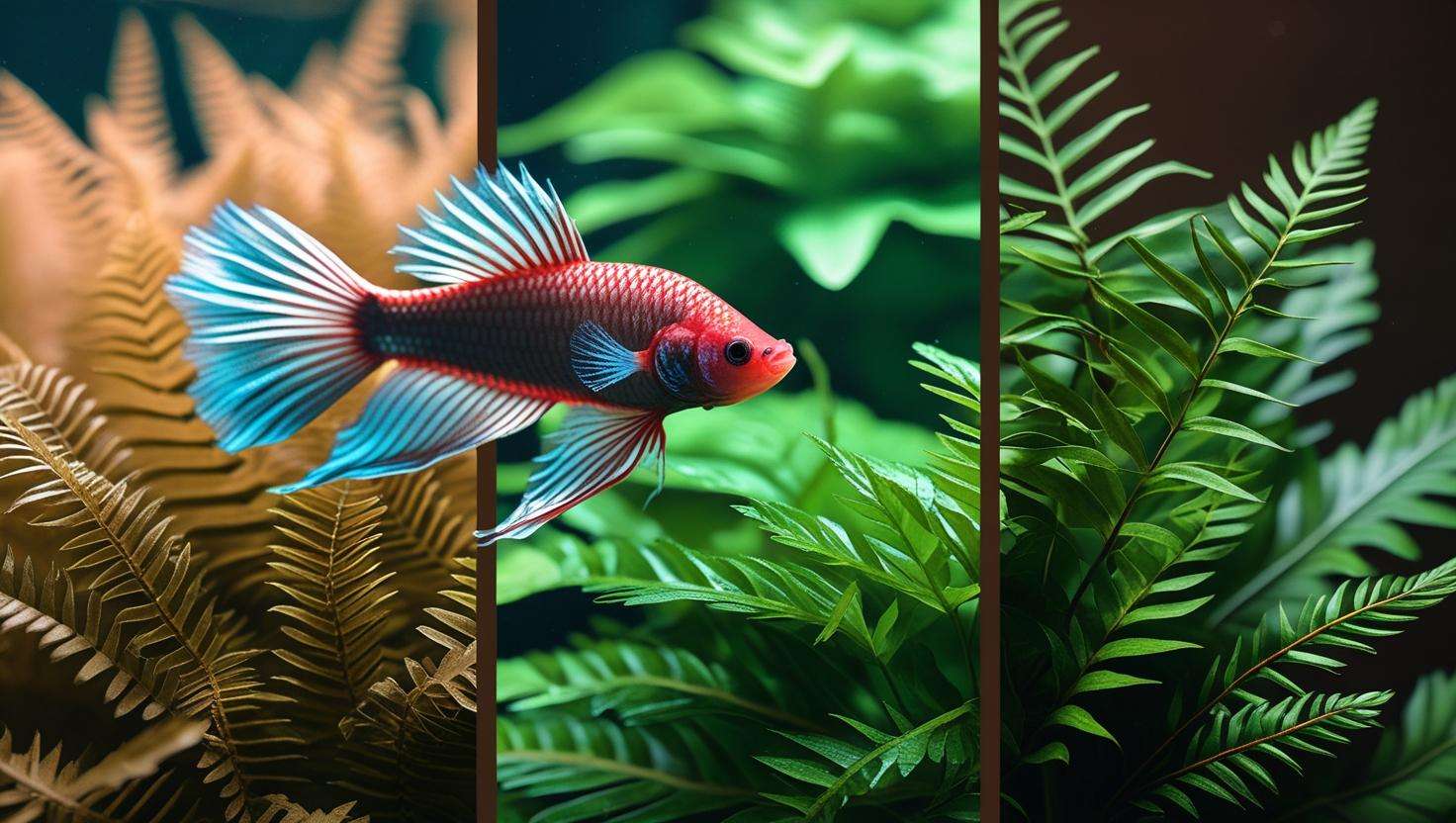  An image illustrating the differences between soft-leaved plants and sharp-leaved plants, with a betta interacting with both types in separate sections of the tank.